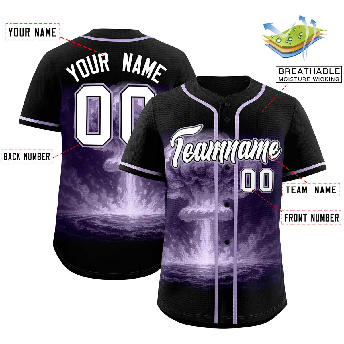 Custom Black Light Purple Full Button Nuclear Blast Graffiti Pattern Authentic Baseball Jersey