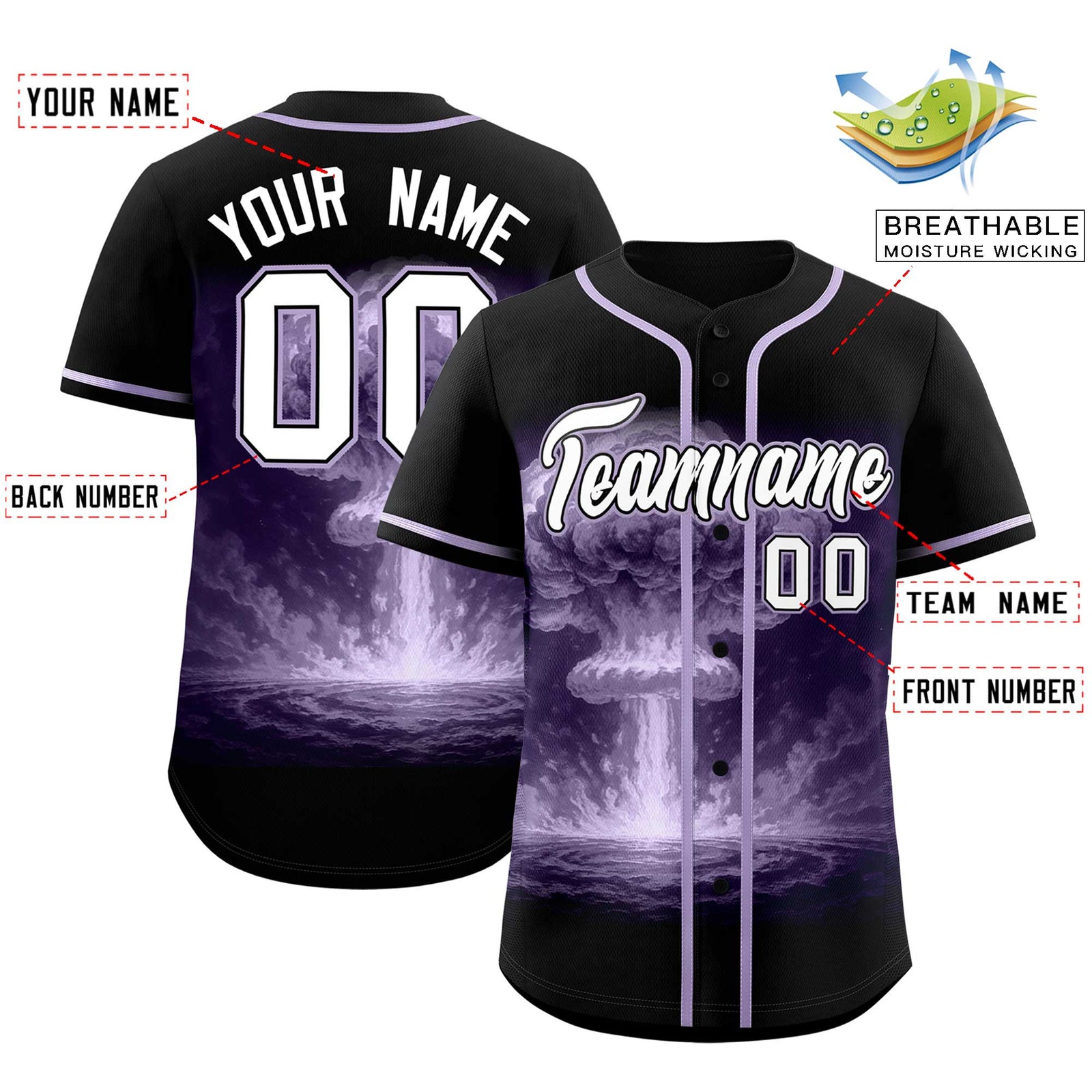 Custom Black Light Purple Full Button Nuclear Blast Graffiti Pattern Authentic Baseball Jersey