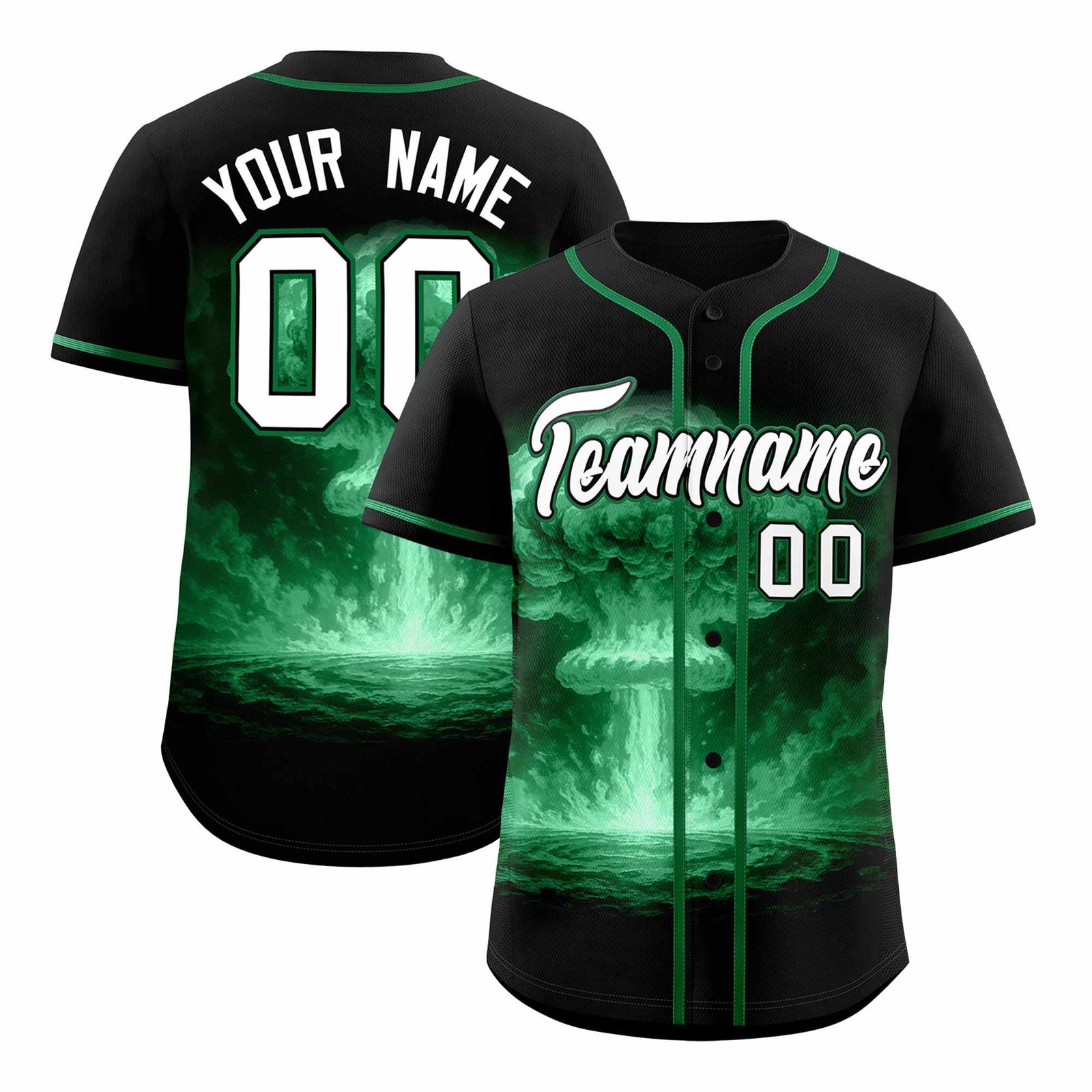 Custom Black Kelly Green Full Button Nuclear Blast Graffiti Pattern Authentic Baseball Jersey