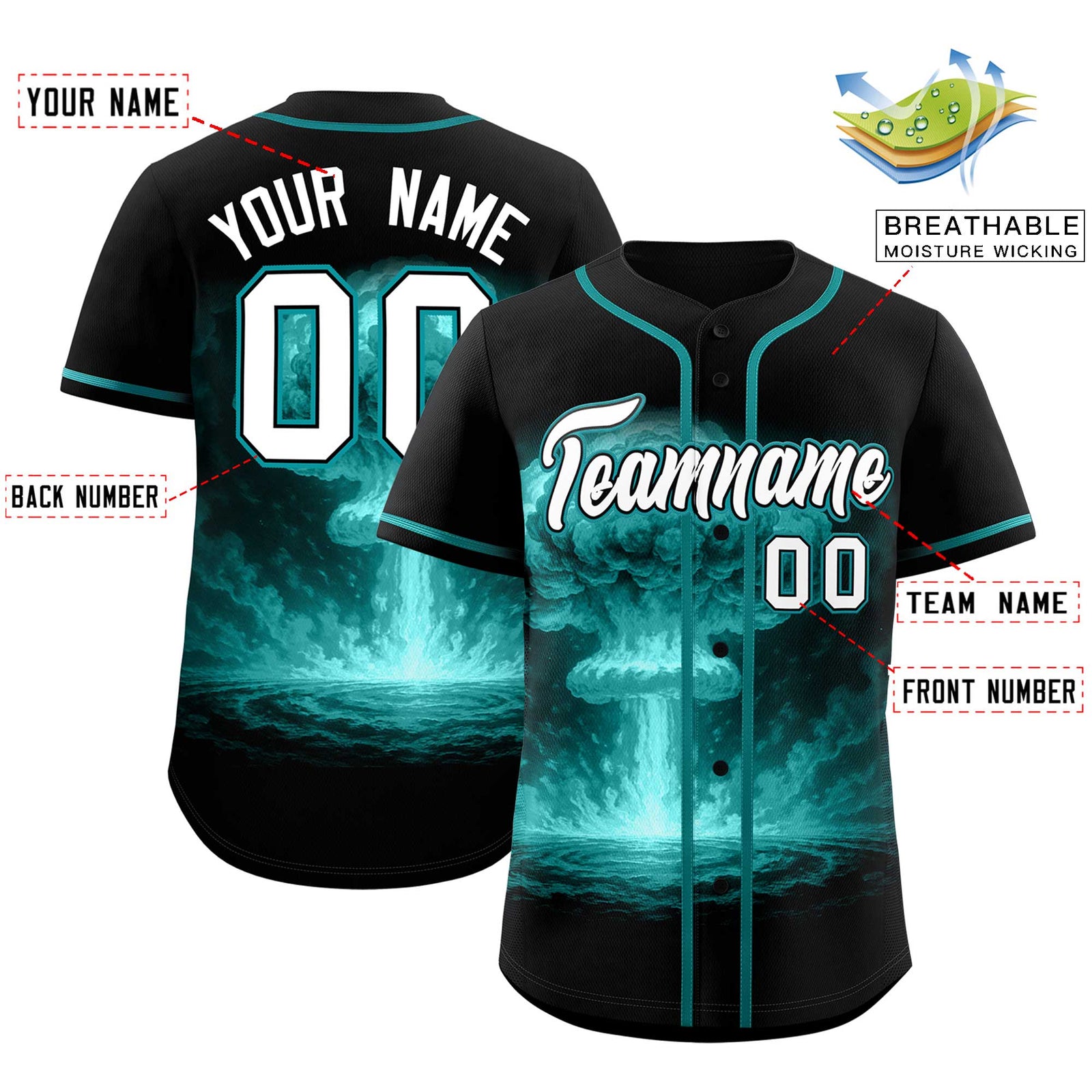 Custom Black Aqua Full Button Nuclear Blast Graffiti Pattern Authentic Baseball Jersey