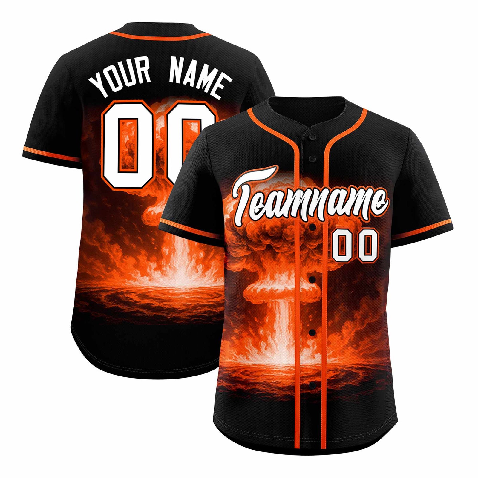 Custom Black Orange Full Button Nuclear Blast Graffiti Pattern Authentic Baseball Jersey