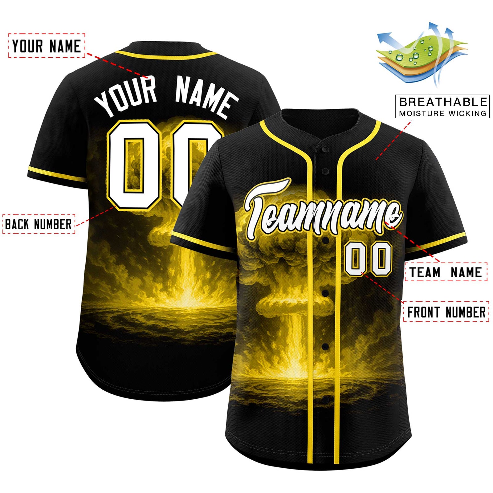 Custom Black Gold Full Button Nuclear Blast Graffiti Pattern Authentic Baseball Jersey
