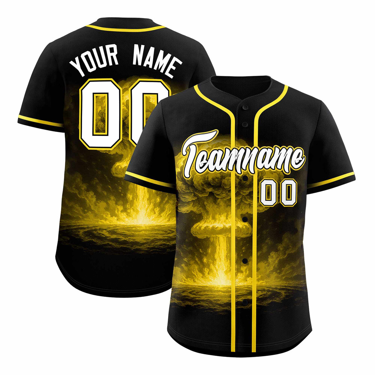 Custom Black Gold Full Button Nuclear Blast Graffiti Pattern Authentic Baseball Jersey