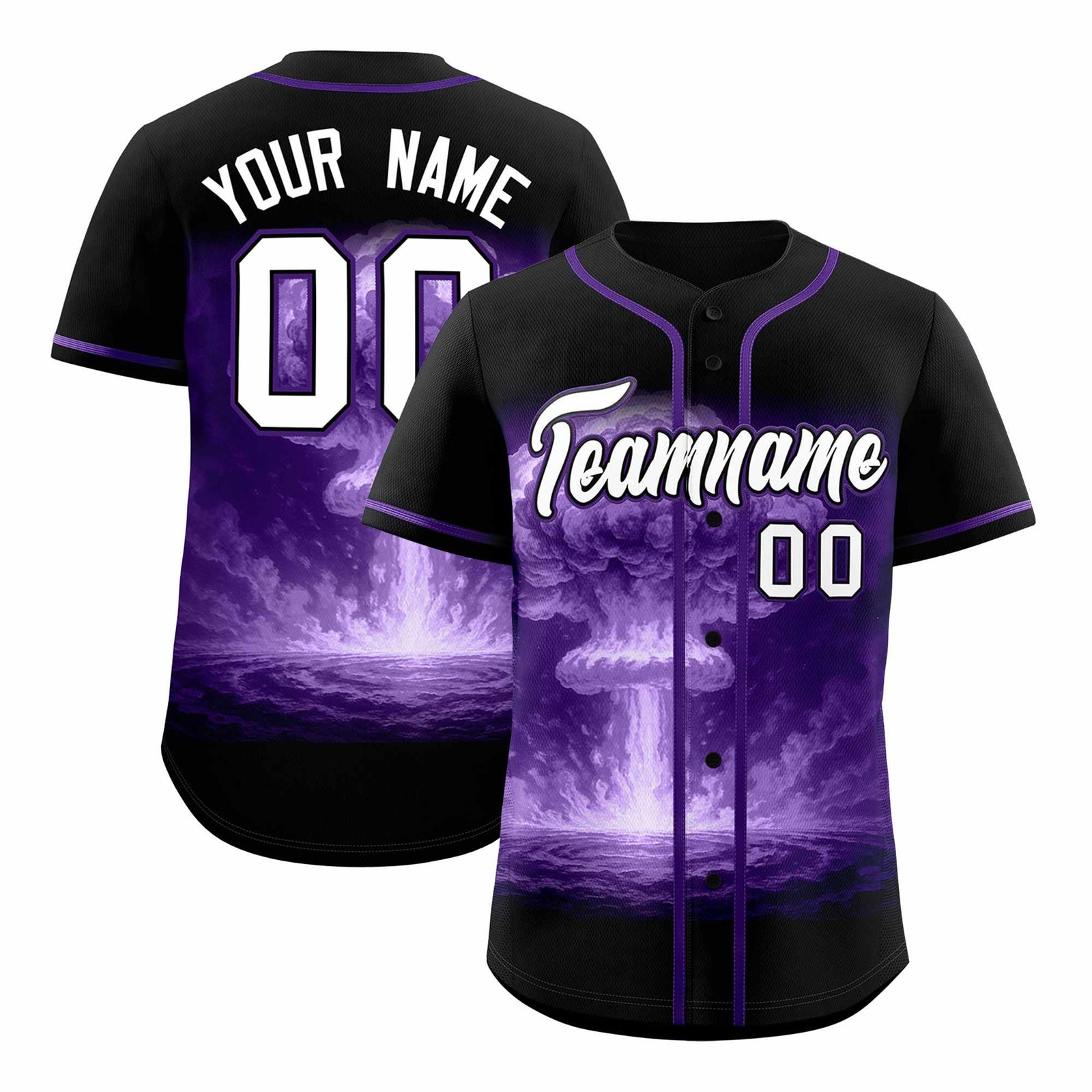 Custom Black Purple Full Button Nuclear Blast Graffiti Pattern Authentic Baseball Jersey