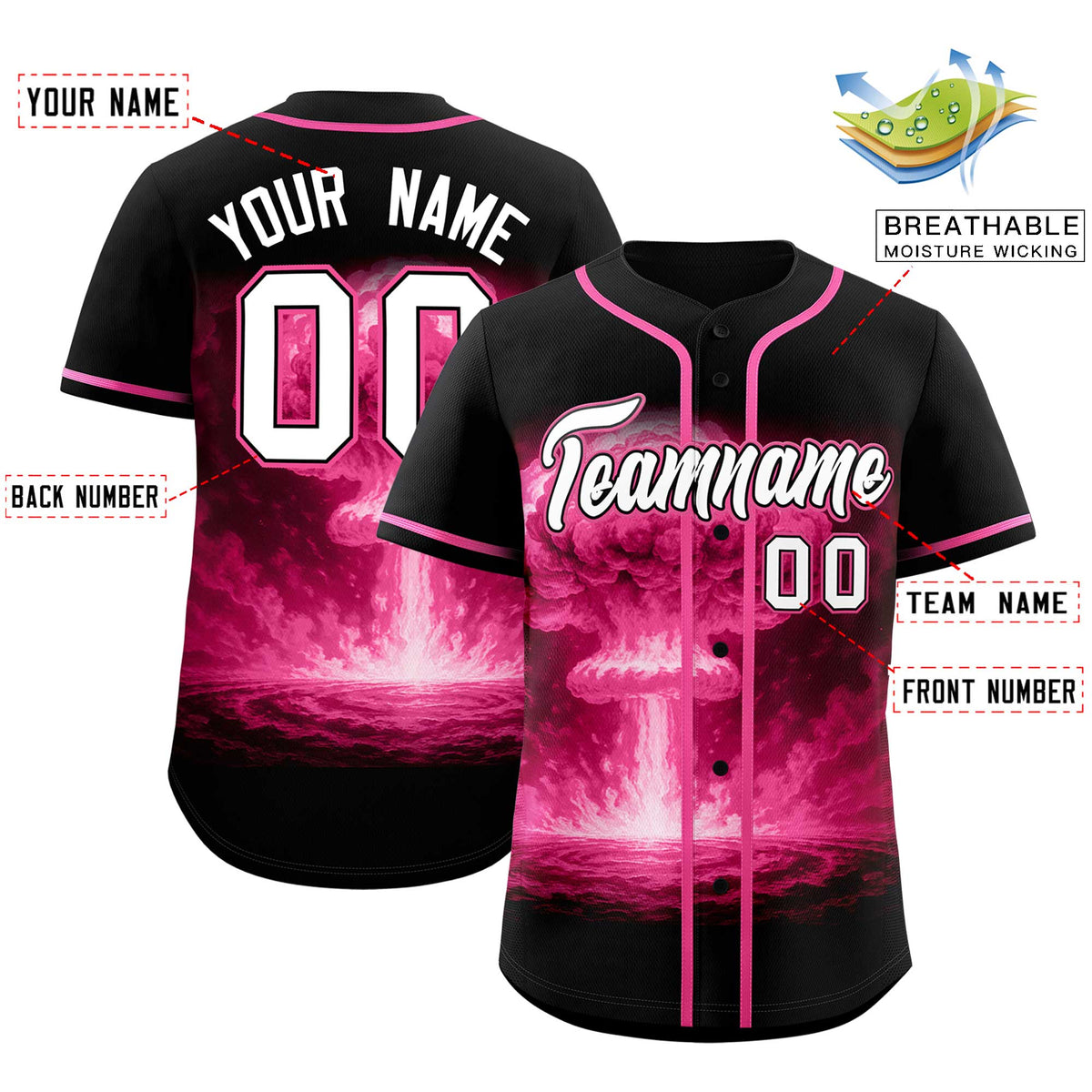 Custom Black Pink Full Button Nuclear Blast Graffiti Pattern Authentic Baseball Jersey