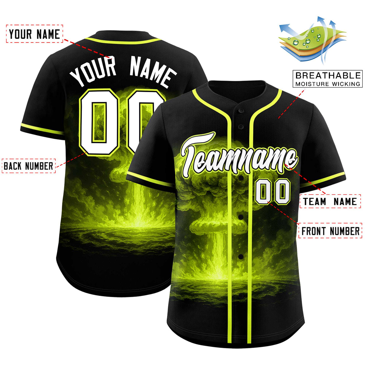 Custom Black Fluorescent Green Full Button Nuclear Blast Graffiti Pattern Authentic Baseball Jersey