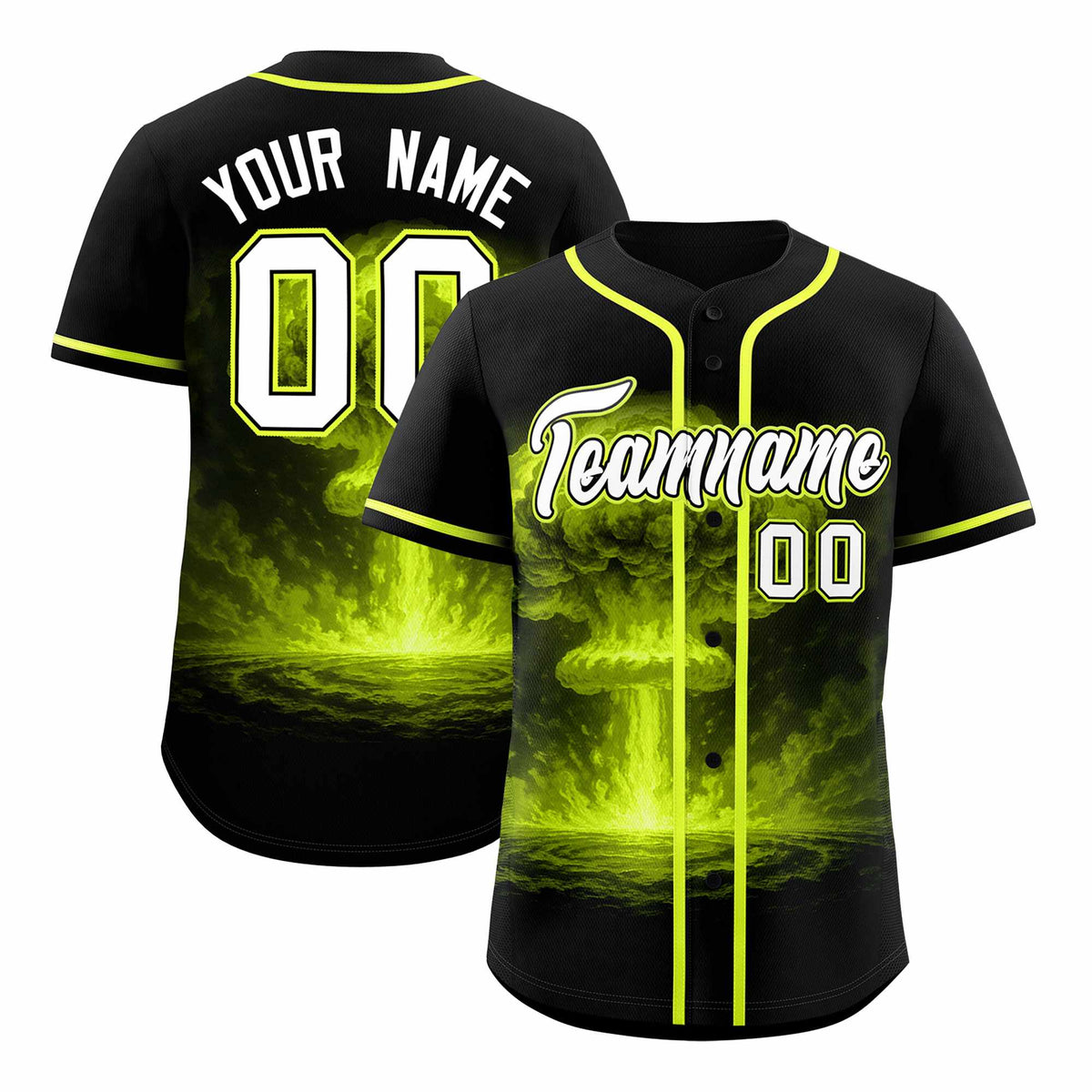 Custom Black Fluorescent Green Full Button Nuclear Blast Graffiti Pattern Authentic Baseball Jersey