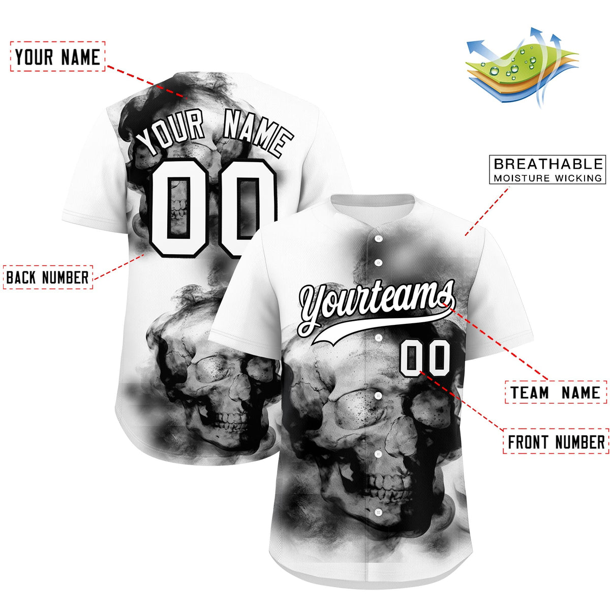 Custom White Black skeleton Graffiti Pattern Quick Dry Baseball Jersey| KXKSHOP