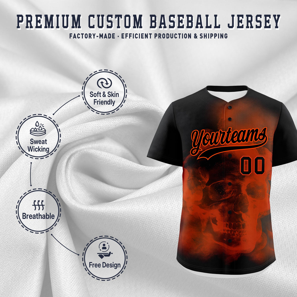 Custom Black Orange skeleton Graffiti Pattern Quick Dry Baseball Jersey| KXKSHOP
