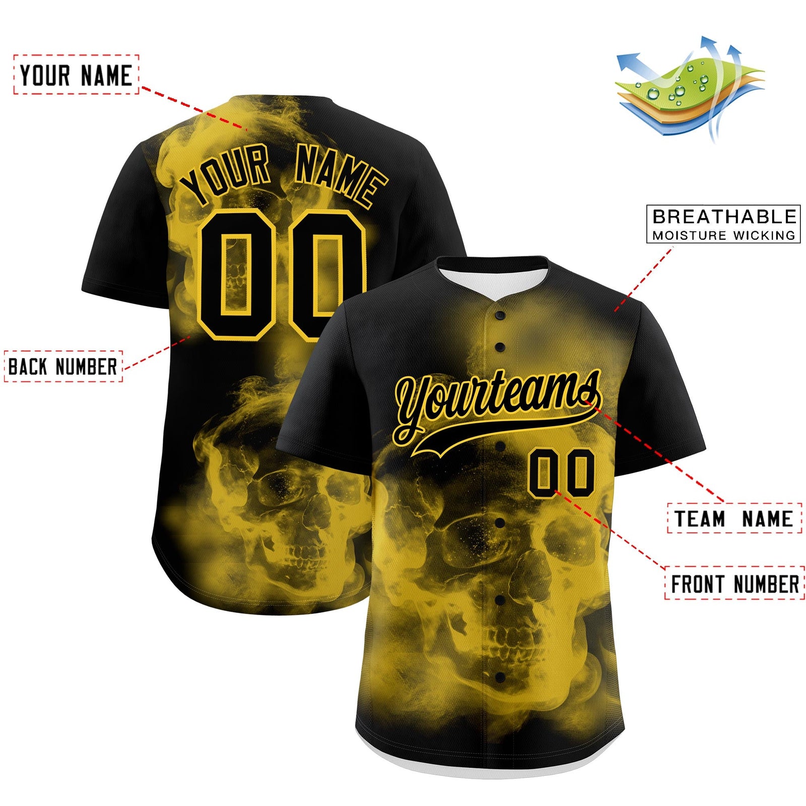 Custom Black Gold skeleton Graffiti Pattern Lightweight Baseball Jersey| KXKSHOP