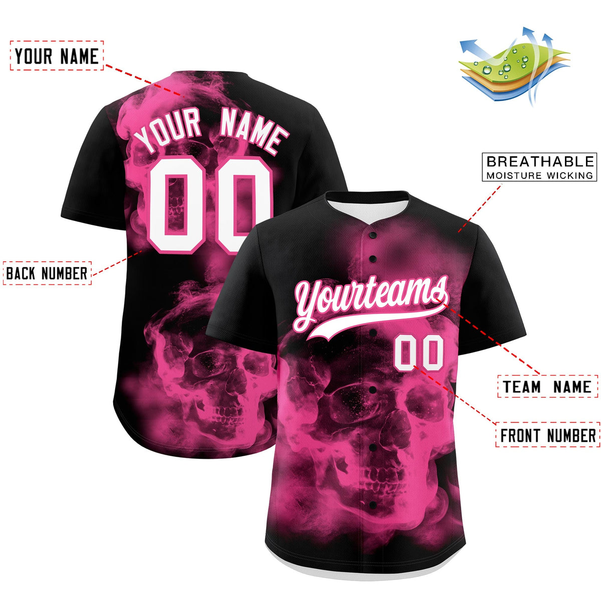 Custom Black Pink White skeleton Graffiti Pattern Quick Dry Baseball Jersey| KXKSHOP