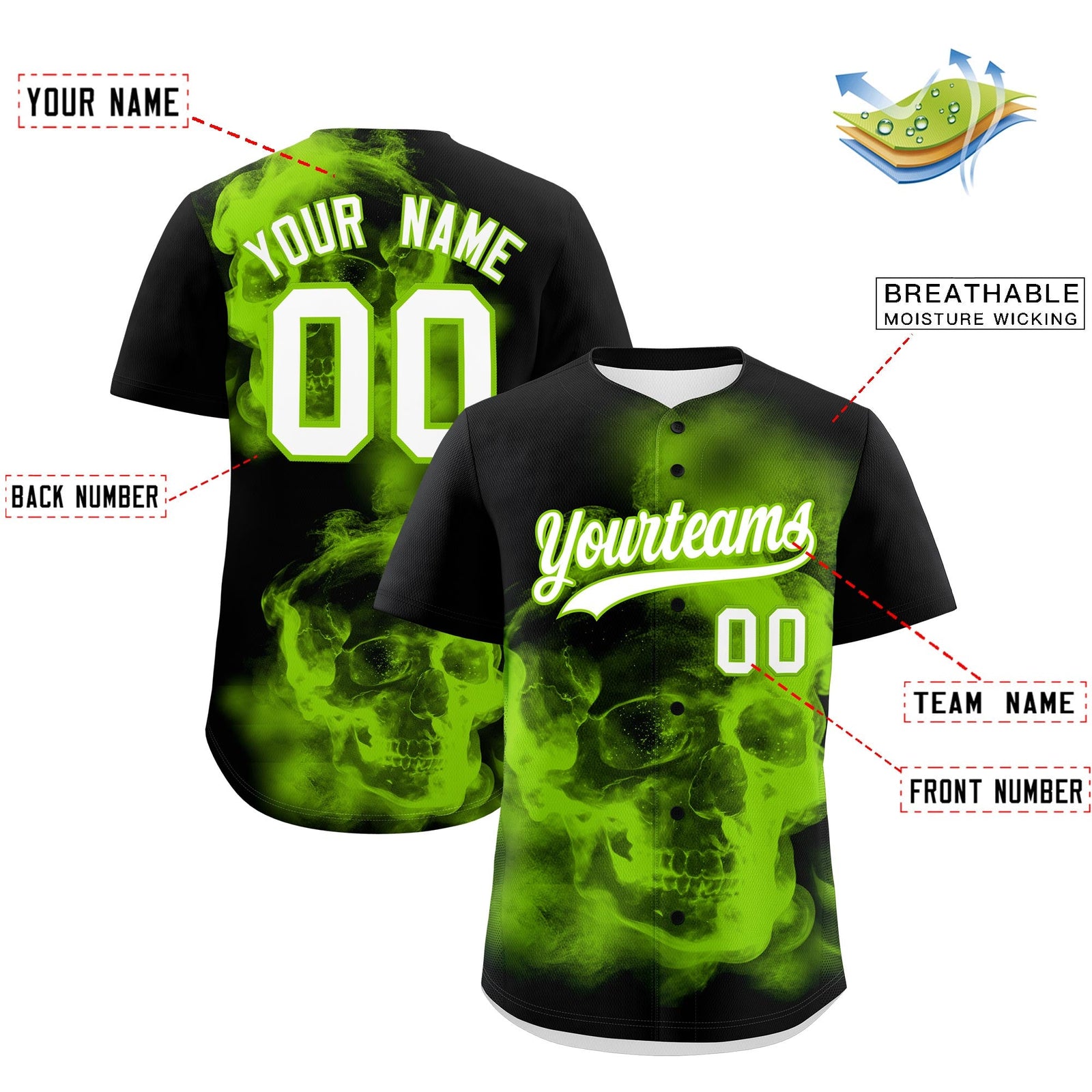 Custom Black Neon Green White skeleton Graffiti Pattern Lightweight Baseball Jersey| KXKSHOP