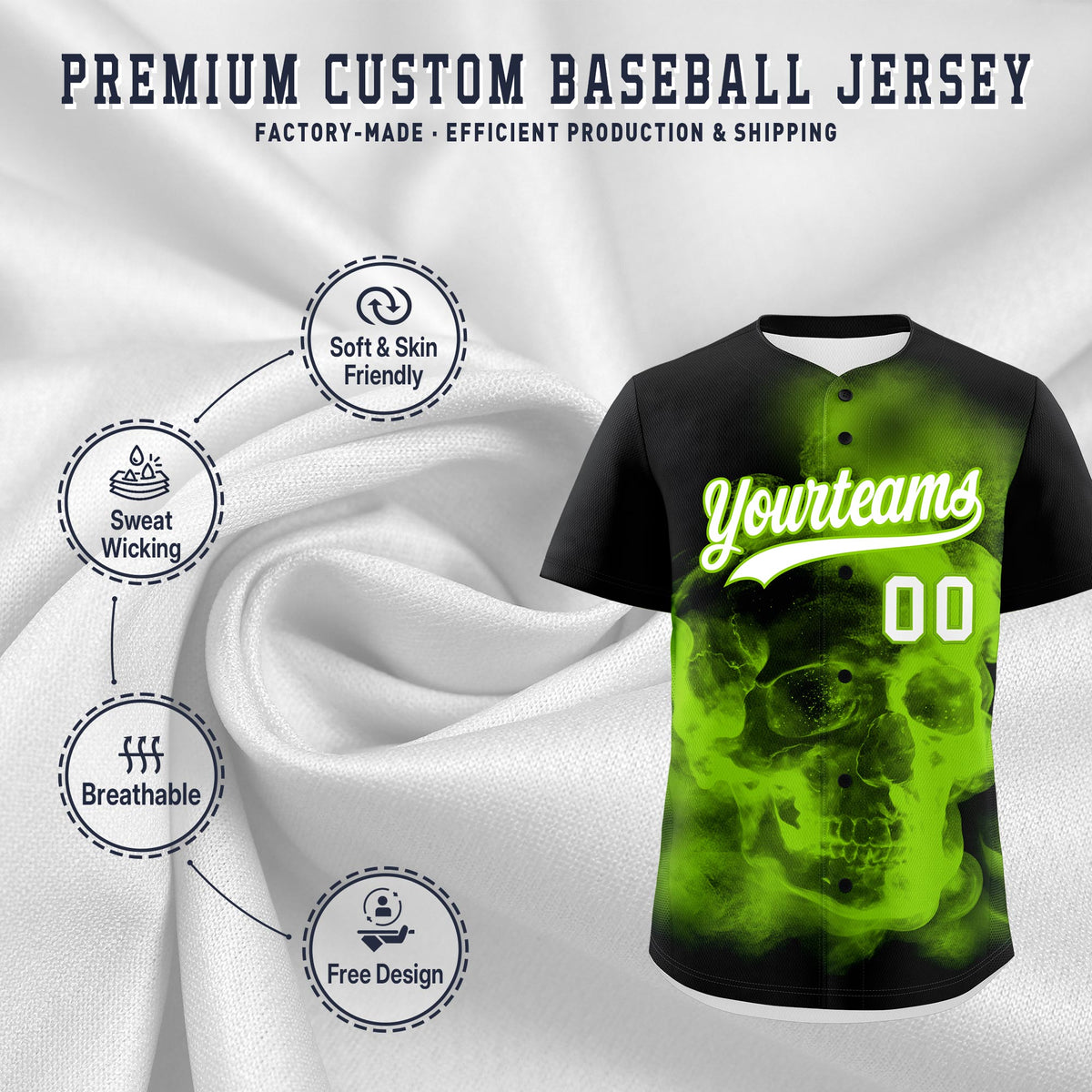Custom Black Neon Green White skeleton Graffiti Pattern Lightweight Baseball Jersey| KXKSHOP