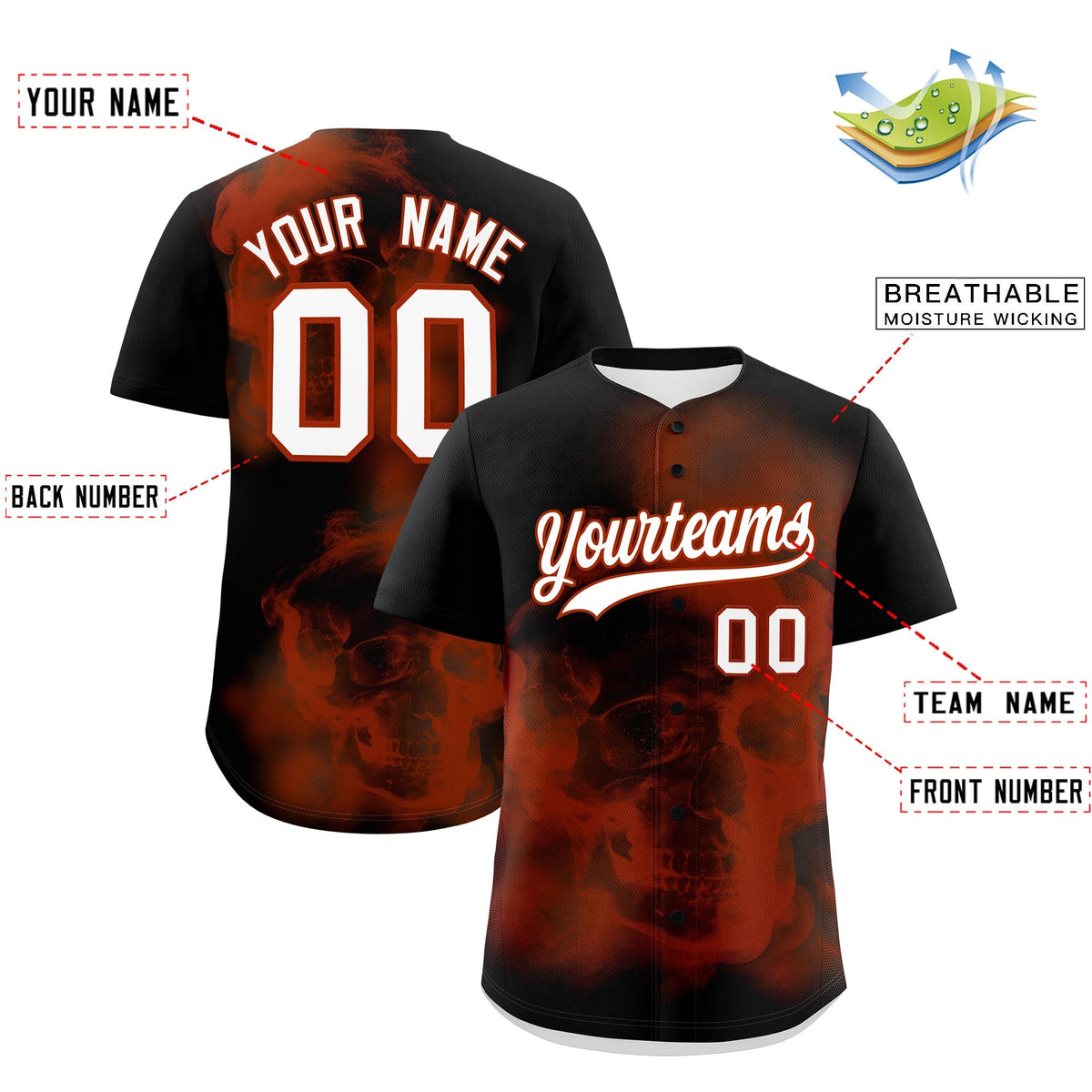 Custom Black Dark Orange White skeleton Graffiti Pattern Quick Dry Baseball Jersey| KXKSHOP