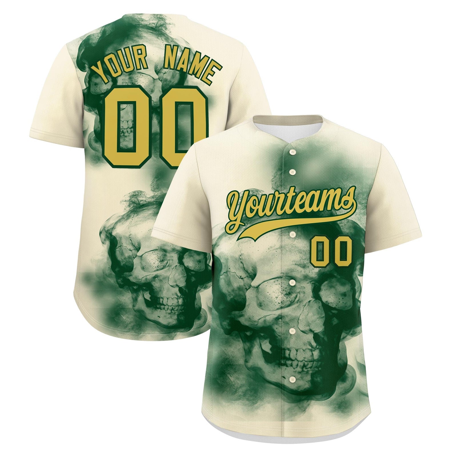 Custom Cream Dark Green Old Gold skeleton Graffiti Pattern Quick Dry Baseball Jersey| KXKSHOP
