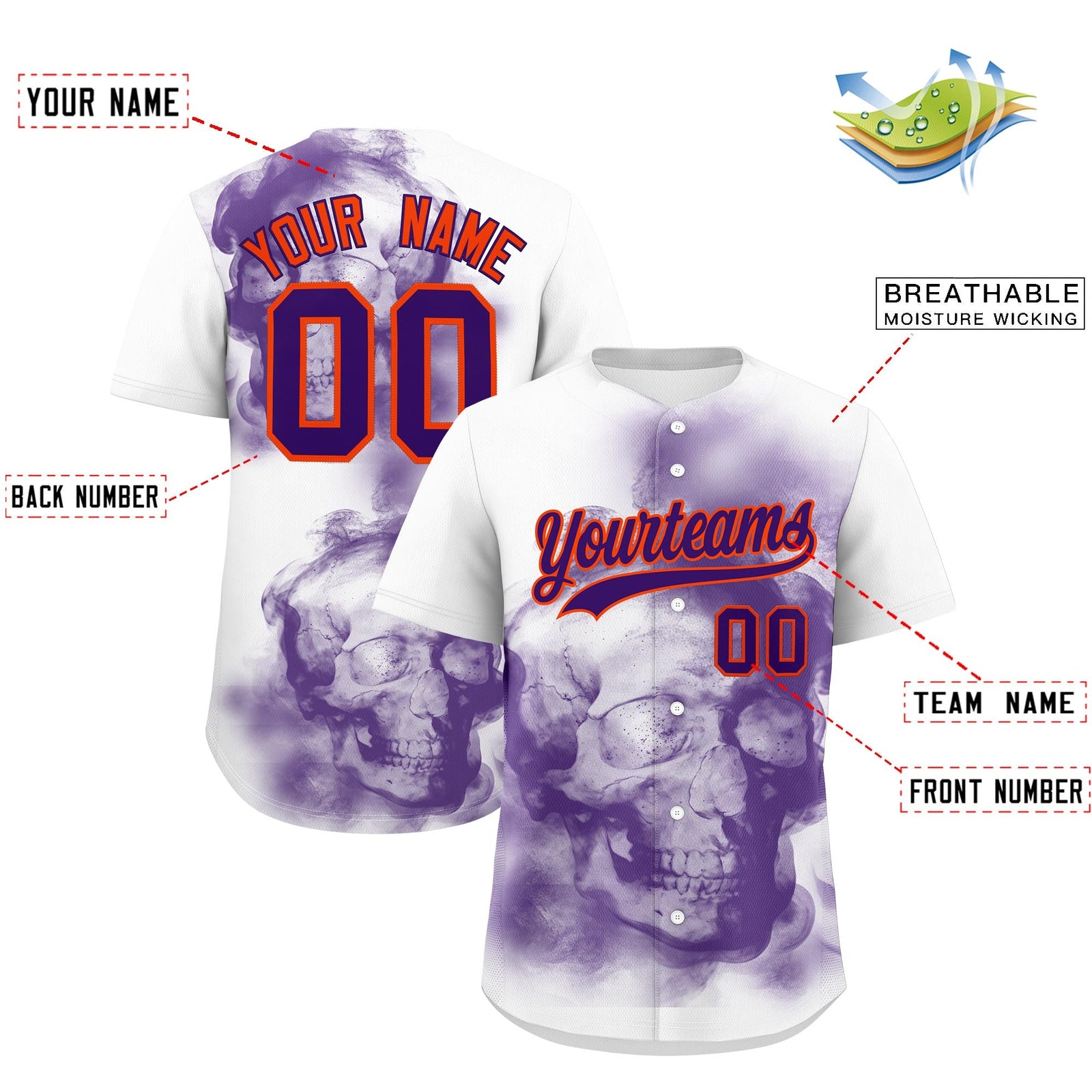 Custom White Purple Orange skeleton Graffiti Pattern Lightweight Baseball Jersey| KXKSHOP