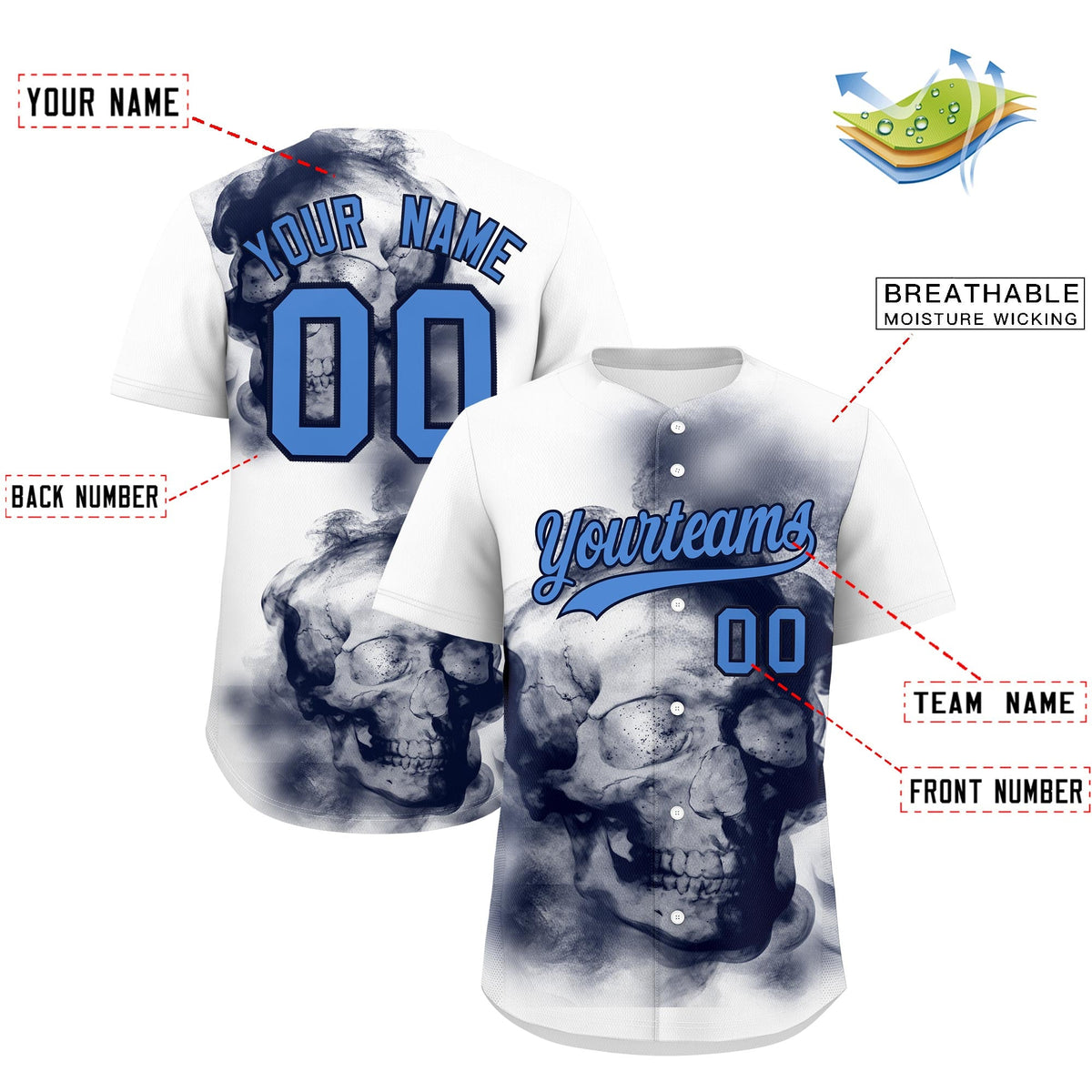 Custom White Navy Powder Blue skeleton Graffiti Pattern Lightweight Baseball Jersey| KXKSHOP