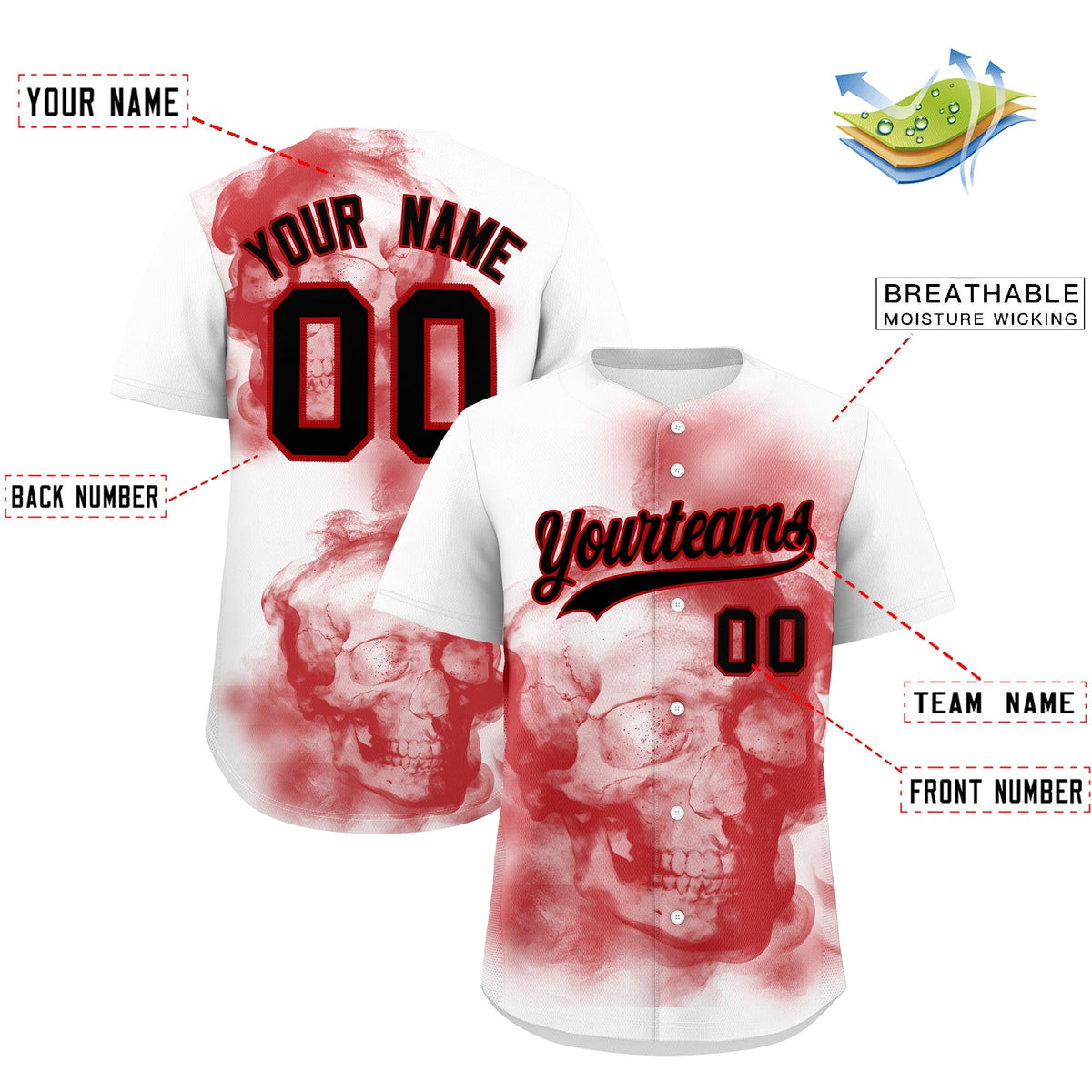 Custom White Red Black skeleton Graffiti Pattern Lightweight Baseball Jersey| KXKSHOP