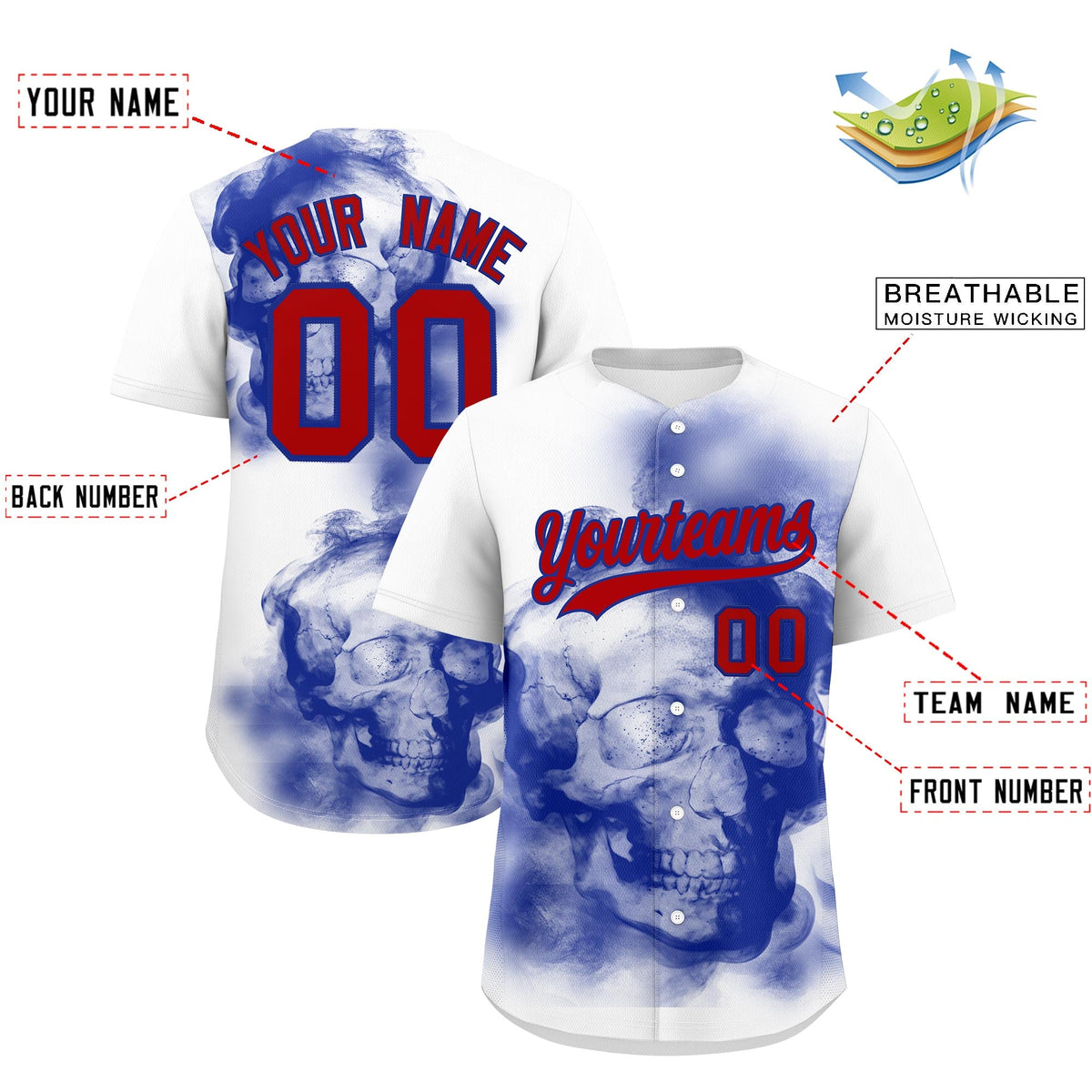 Custom White Royal Blue Red skeleton Graffiti Pattern Quick Dry Baseball Jersey| KXKSHOP