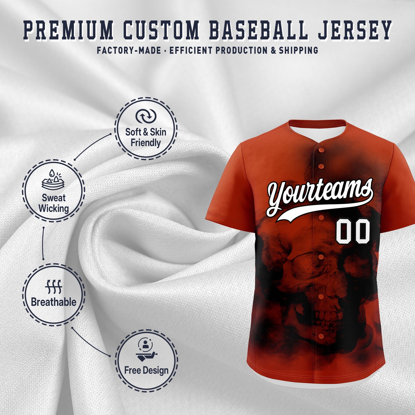 Custom Dark Orange Black White skeleton Graffiti Pattern Quick Dry Baseball Jersey| KXKSHOP