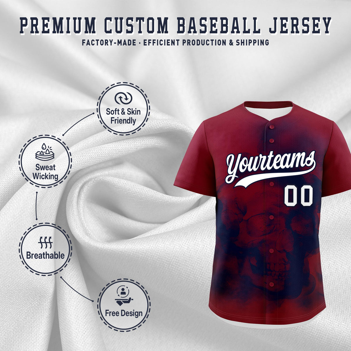 Custom Crimson Navy White skeleton Graffiti Pattern Lightweight Baseball Jersey| KXKSHOP