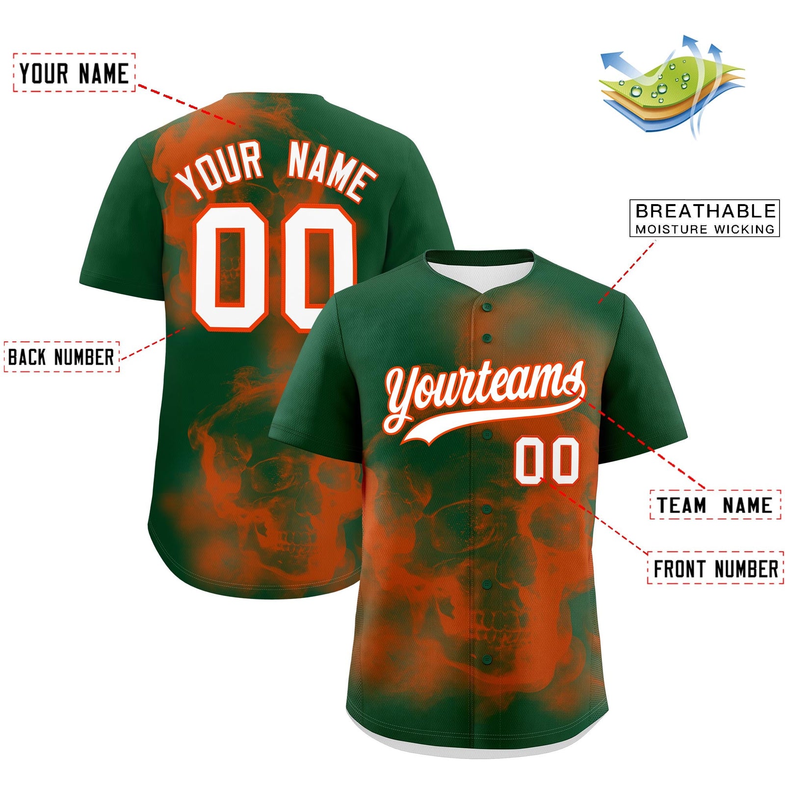 Custom Dark Green Orange White skeleton Graffiti Pattern Quick Dry Baseball Jersey| KXKSHOP