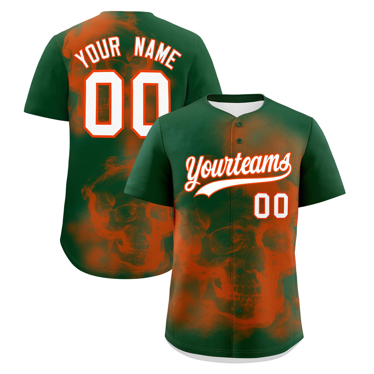 Custom Dark Green Orange White skeleton Graffiti Pattern Quick Dry Baseball Jersey| KXKSHOP