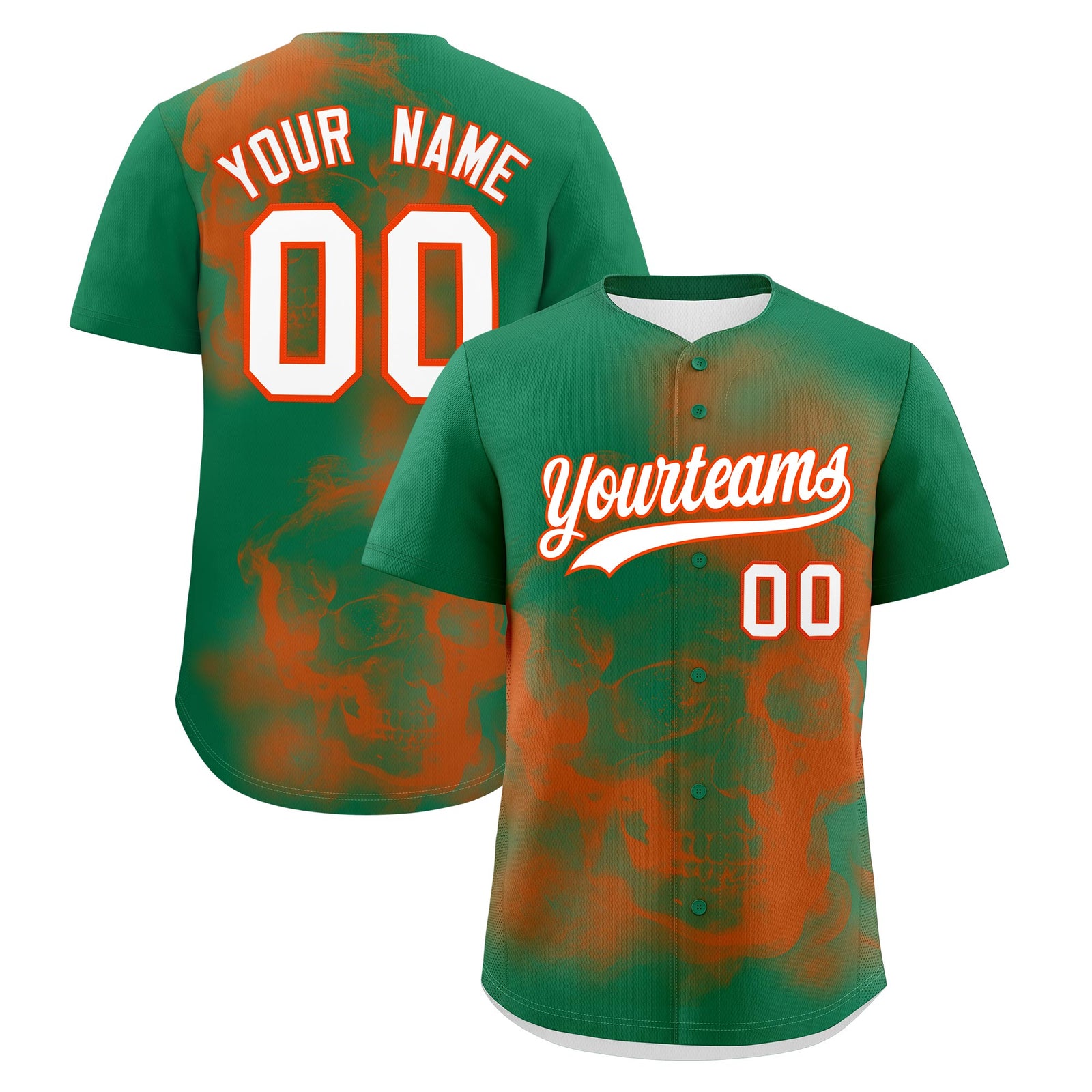 Custom Kelly Green Orange White skeleton Graffiti Pattern Lightweight Baseball Jersey| KXKSHOP