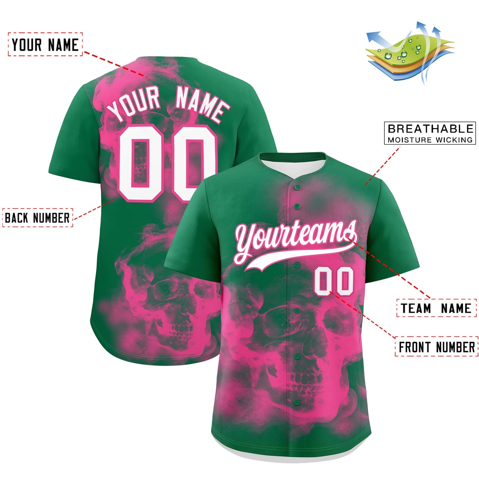 Custom Kelly Green Pink White skeleton Graffiti Pattern Quick Dry Baseball Jersey| KXKSHOP