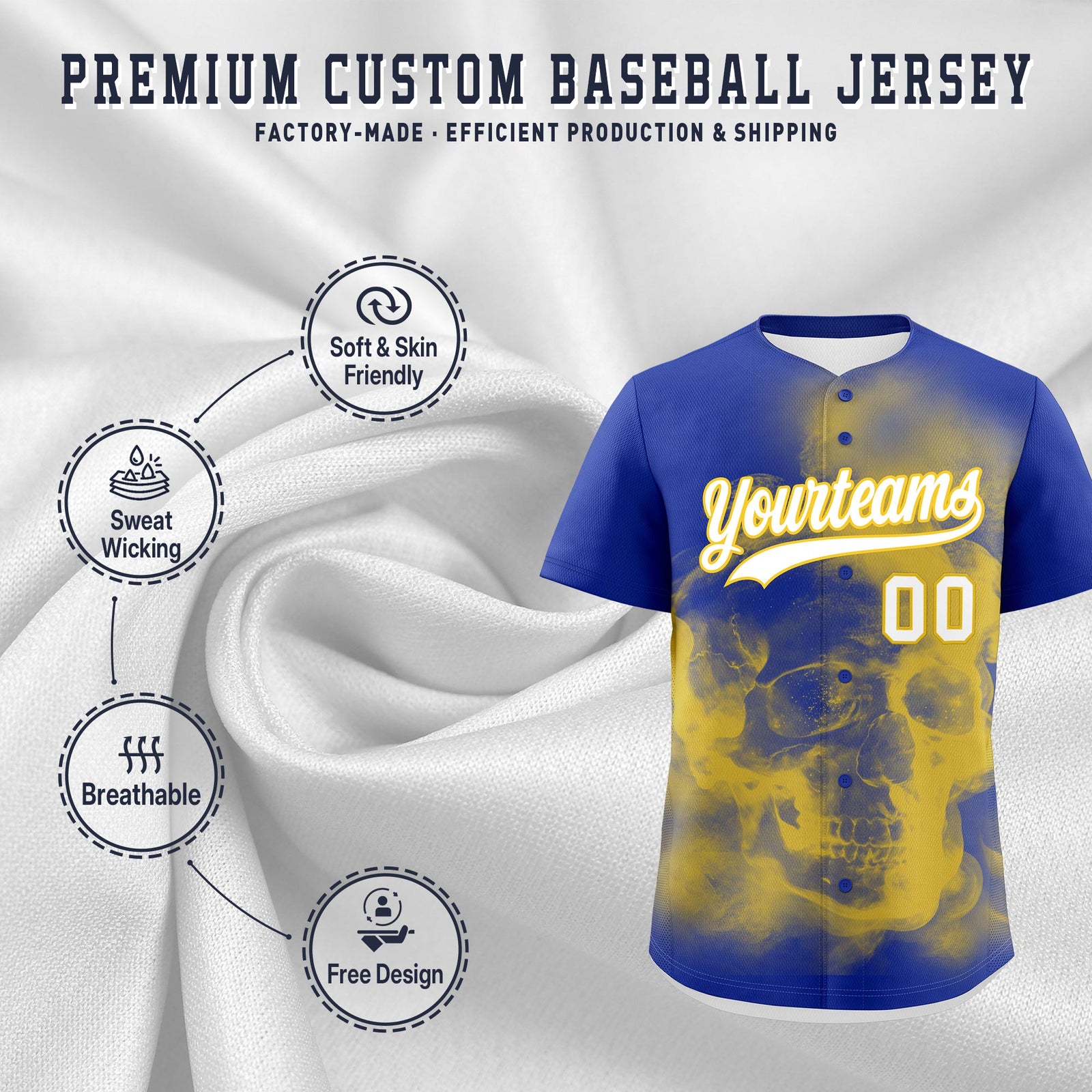 Custom Royal Blue Gold White skeleton Graffiti Pattern Lightweight Baseball Jersey| KXKSHOP