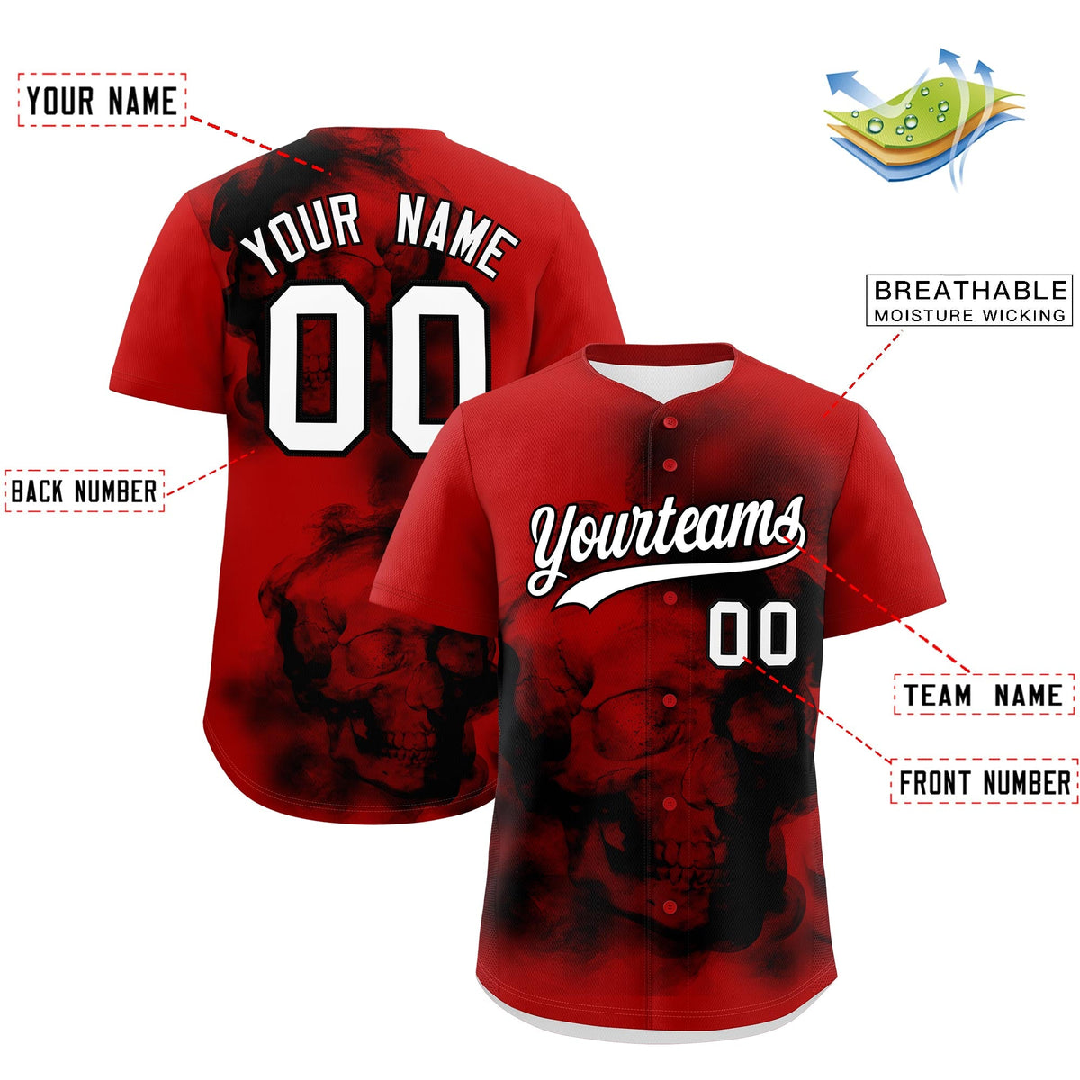 Custom Red Black White skeleton Graffiti Pattern Quick Dry Baseball Jersey| KXKSHOP