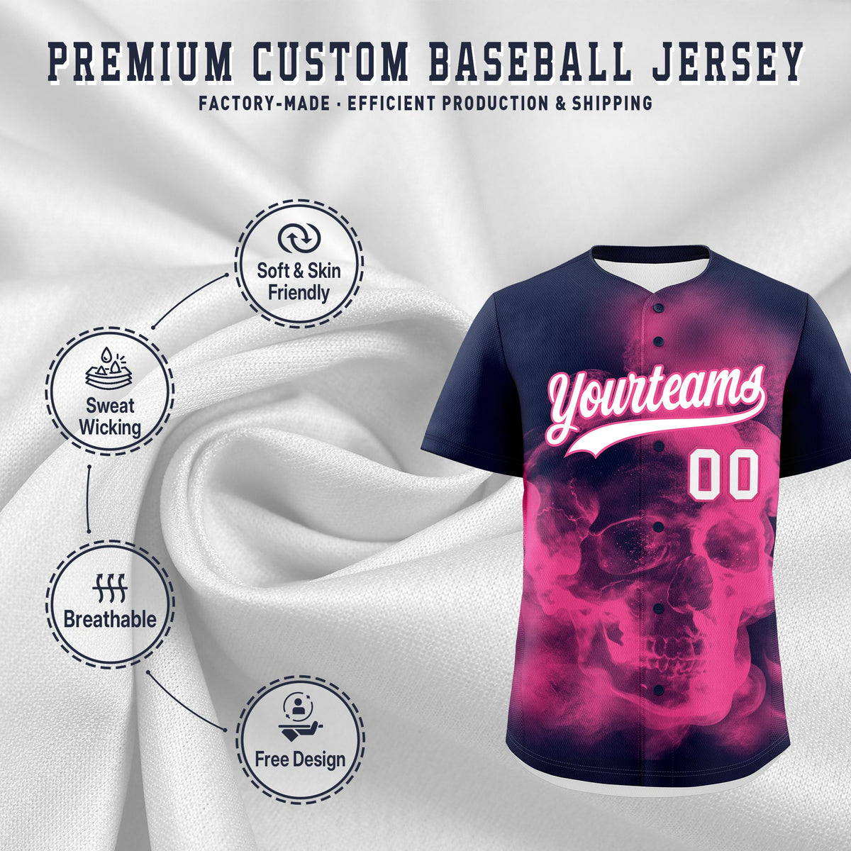 Custom Navy Pink White skeleton Graffiti Pattern Quick Dry Baseball Jersey| KXKSHOP