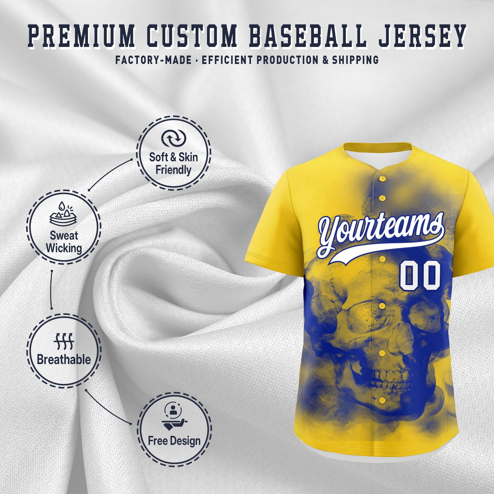 Custom Gold Royal Blue White skeleton Graffiti Pattern Lightweight Baseball Jersey| KXKSHOP