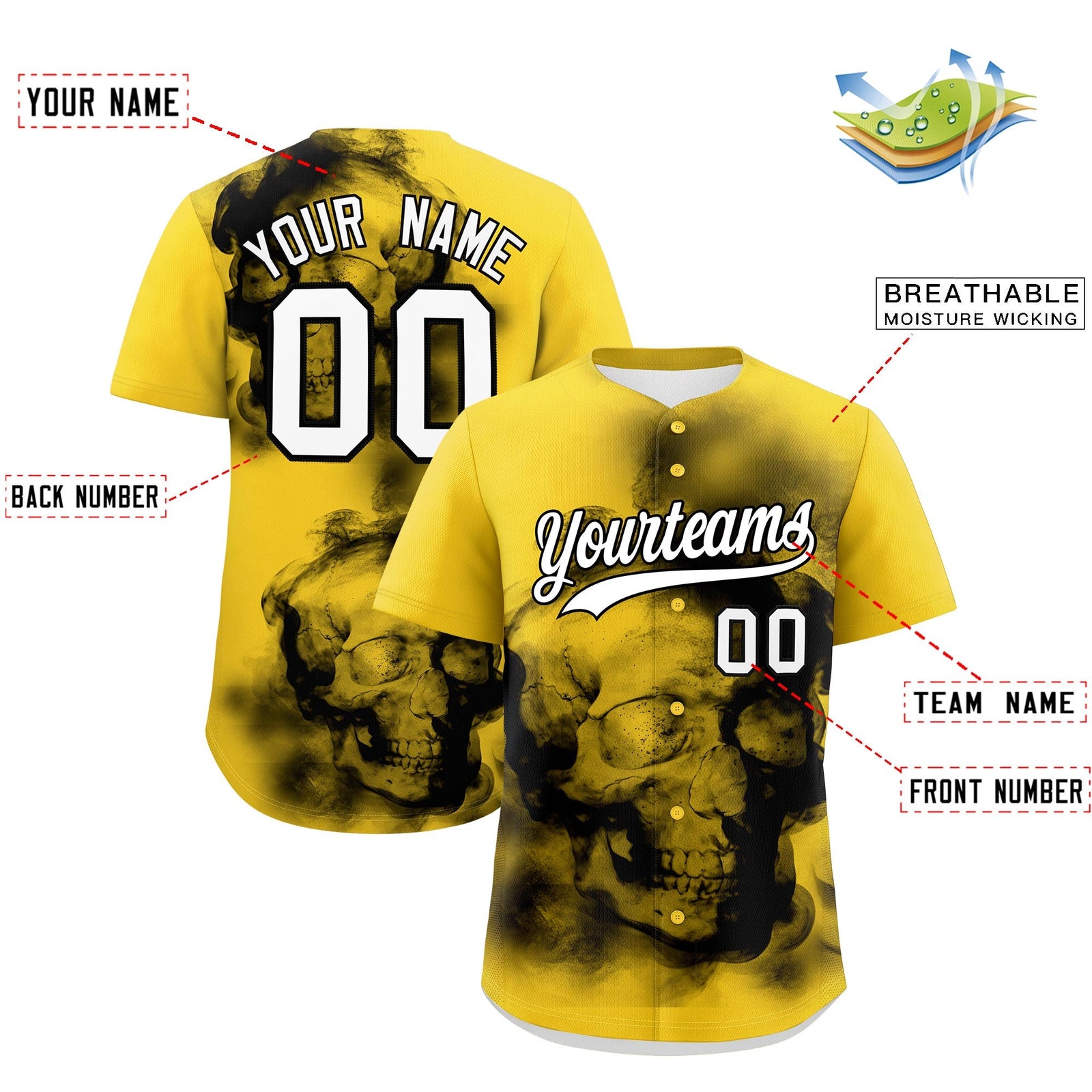 Custom Gold Black White skeleton Graffiti Pattern Quick Dry Baseball Jersey| KXKSHOP
