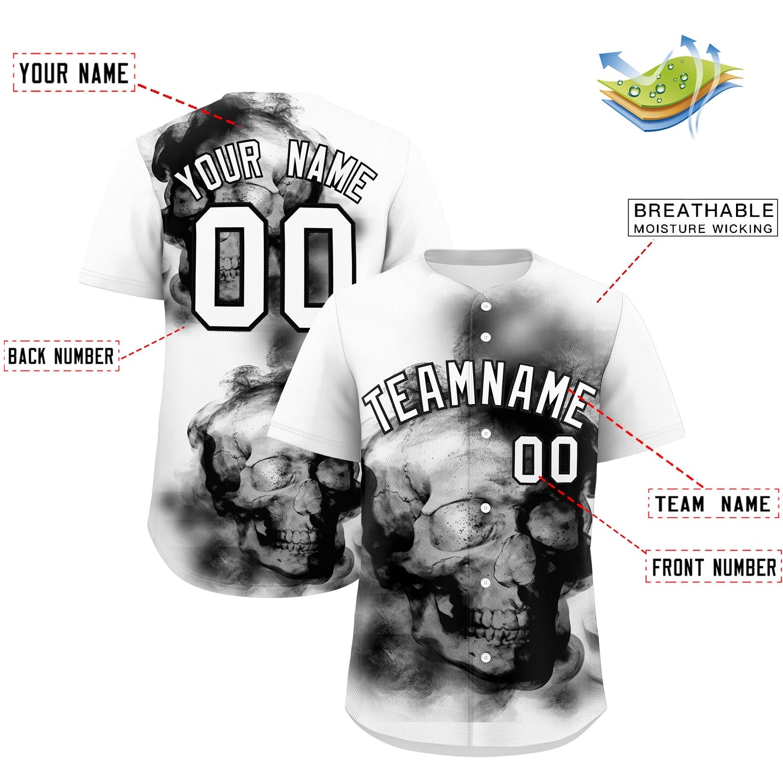 Custom White Black skeleton Graffiti Pattern Quick Dry Baseball Jersey| KXKSHOP