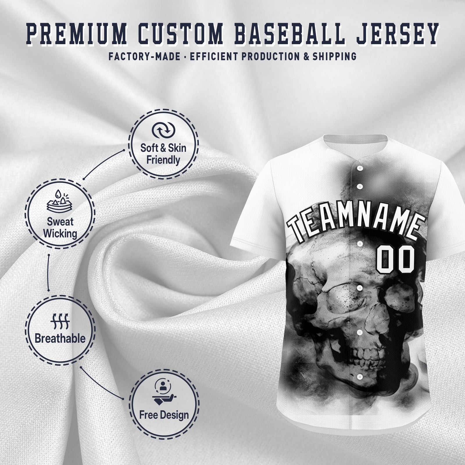 Custom White Black skeleton Graffiti Pattern Quick Dry Baseball Jersey| KXKSHOP