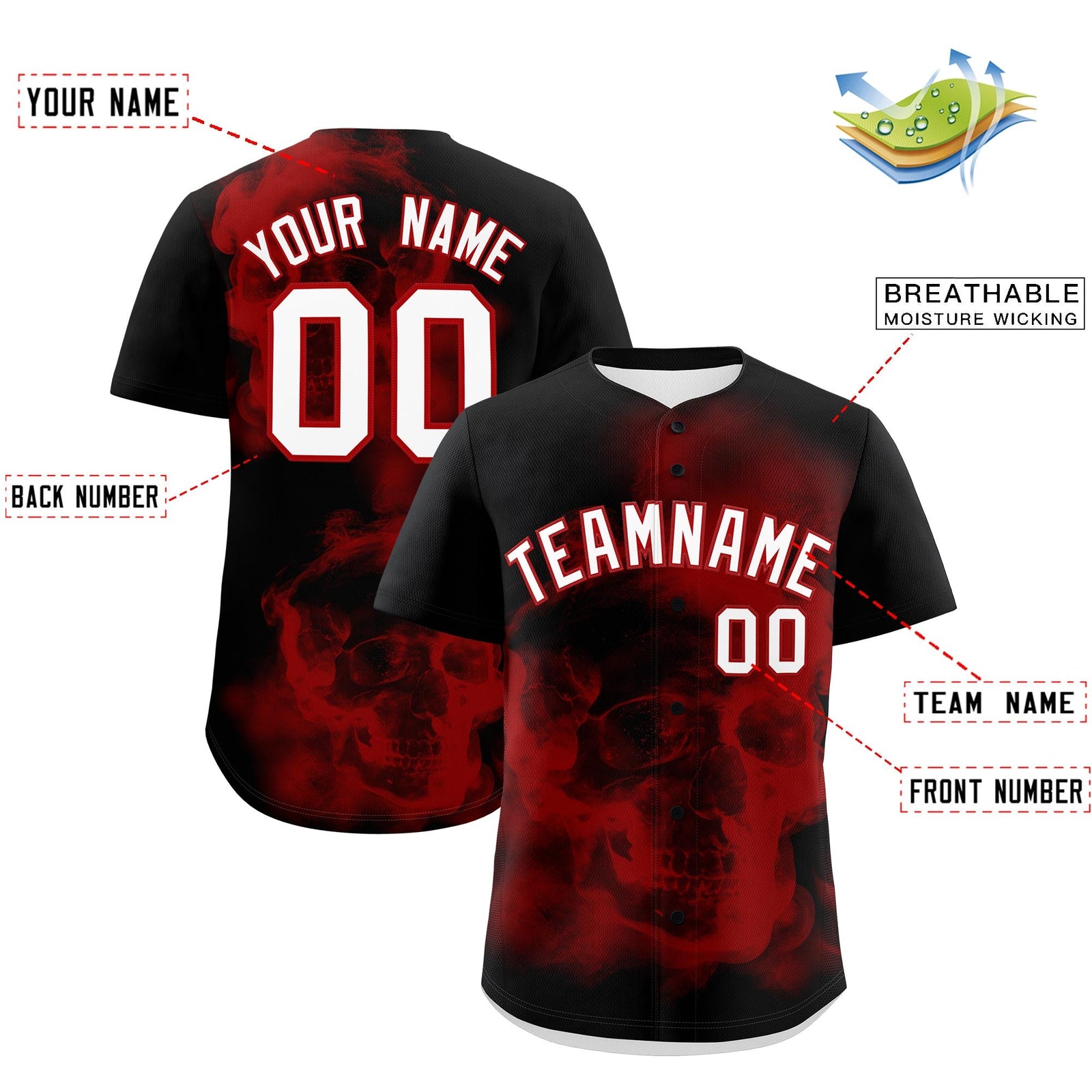 Custom Black Red White skeleton Graffiti Pattern Lightweight Baseball Jersey| KXKSHOP