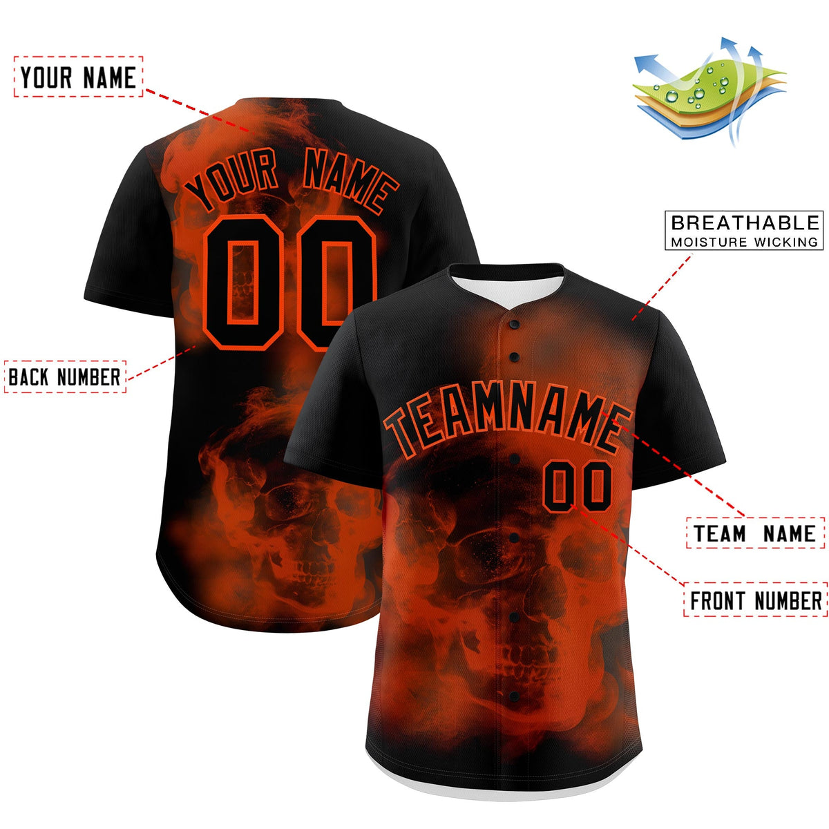 Custom Black Orange skeleton Graffiti Pattern Quick Dry Baseball Jersey| KXKSHOP