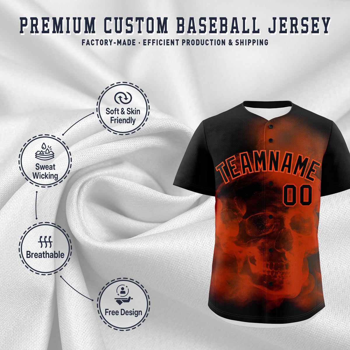 Custom Black Orange skeleton Graffiti Pattern Quick Dry Baseball Jersey| KXKSHOP