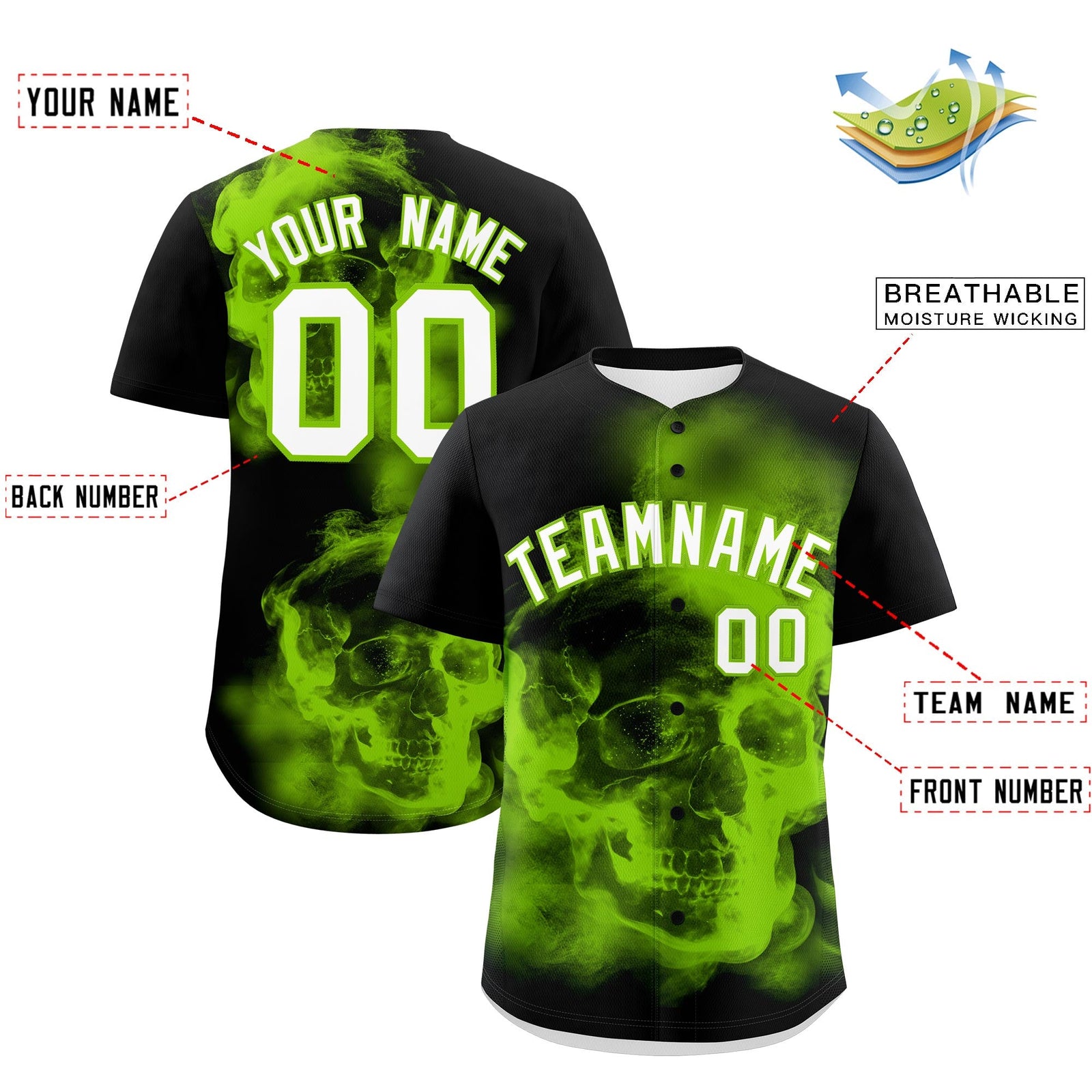 Custom Black Neon Green White skeleton Graffiti Pattern Lightweight Baseball Jersey| KXKSHOP