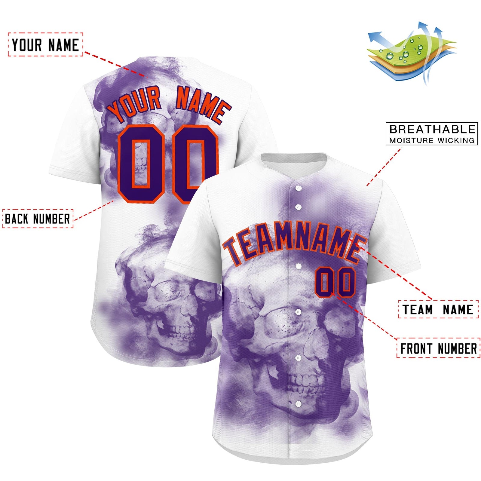 Custom White Purple Orange skeleton Graffiti Pattern Lightweight Baseball Jersey| KXKSHOP
