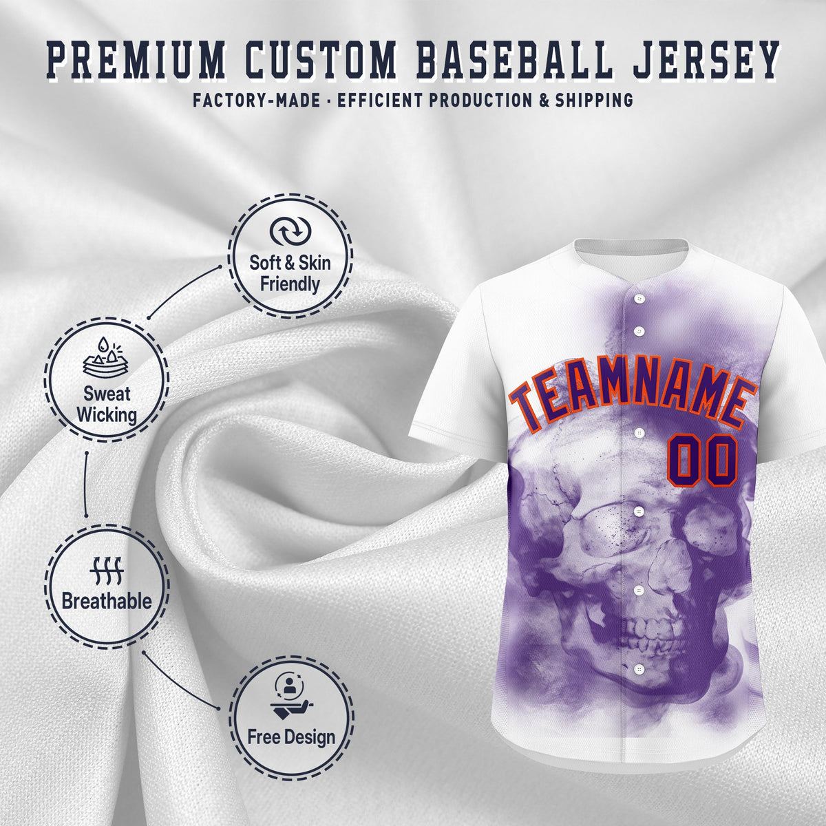 Custom White Purple Orange skeleton Graffiti Pattern Lightweight Baseball Jersey| KXKSHOP
