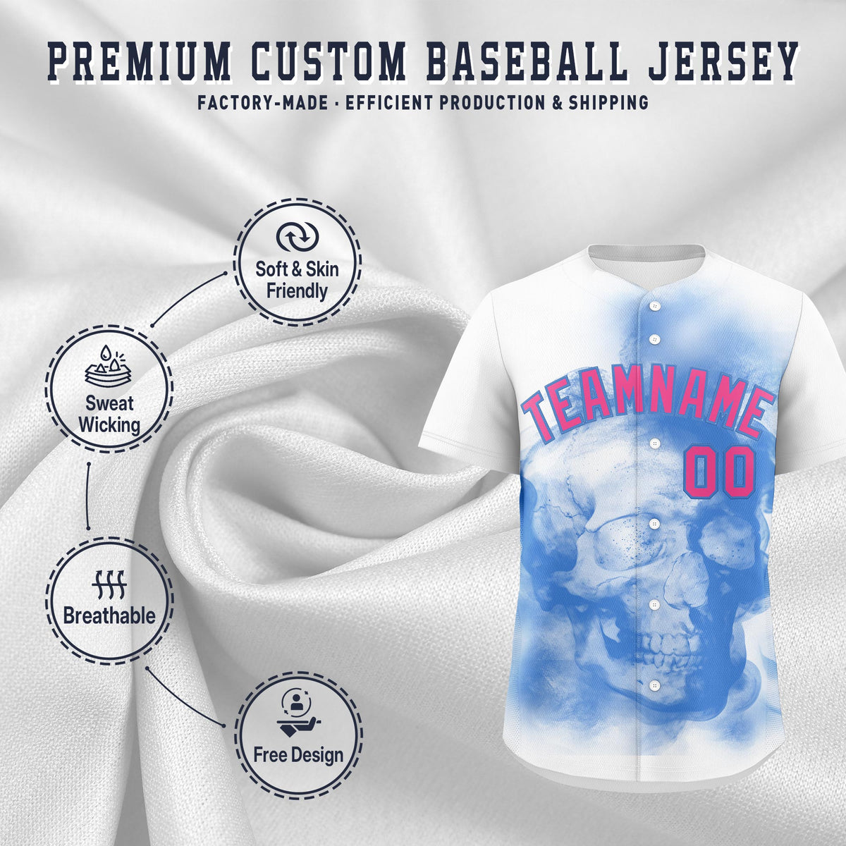 Custom White Powder Blue Pink skeleton Graffiti Pattern Quick Dry Baseball Jersey| KXKSHOP