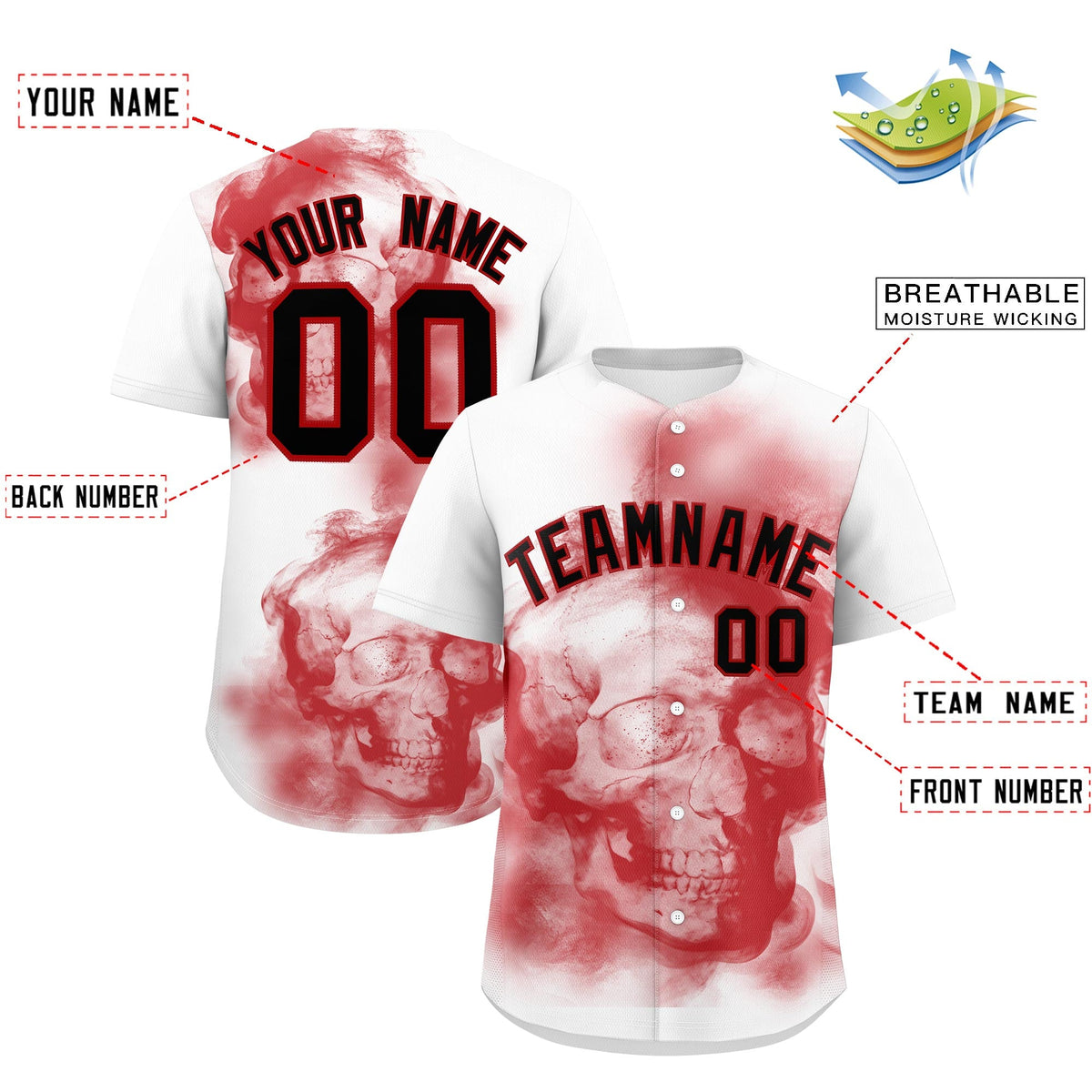 Custom White Red Black skeleton Graffiti Pattern Lightweight Baseball Jersey| KXKSHOP