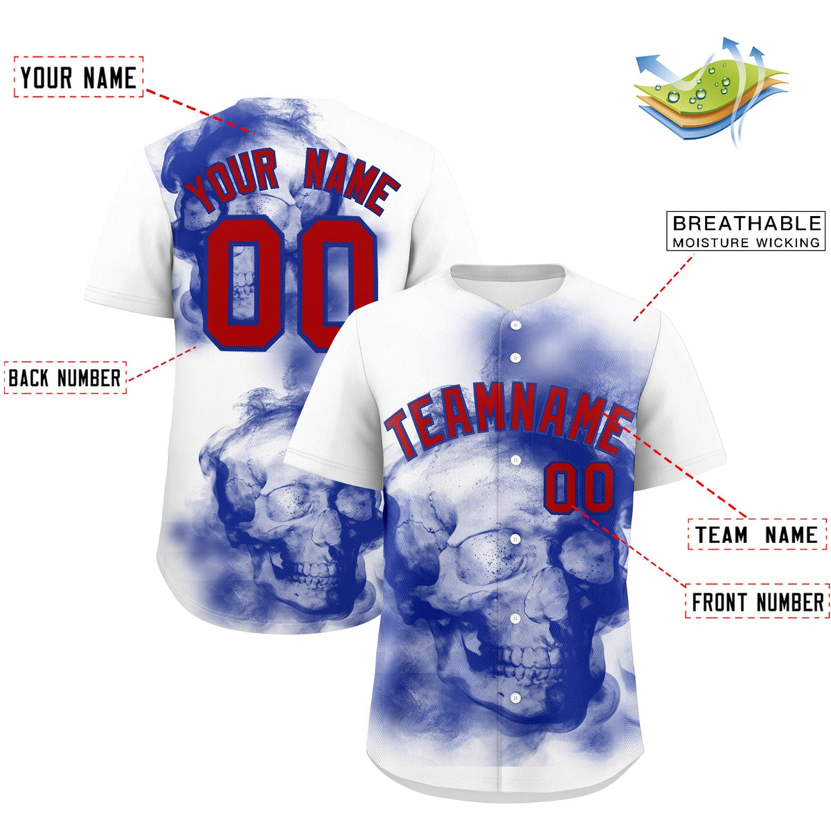 Custom White Royal Blue Red skeleton Graffiti Pattern Quick Dry Baseball Jersey| KXKSHOP