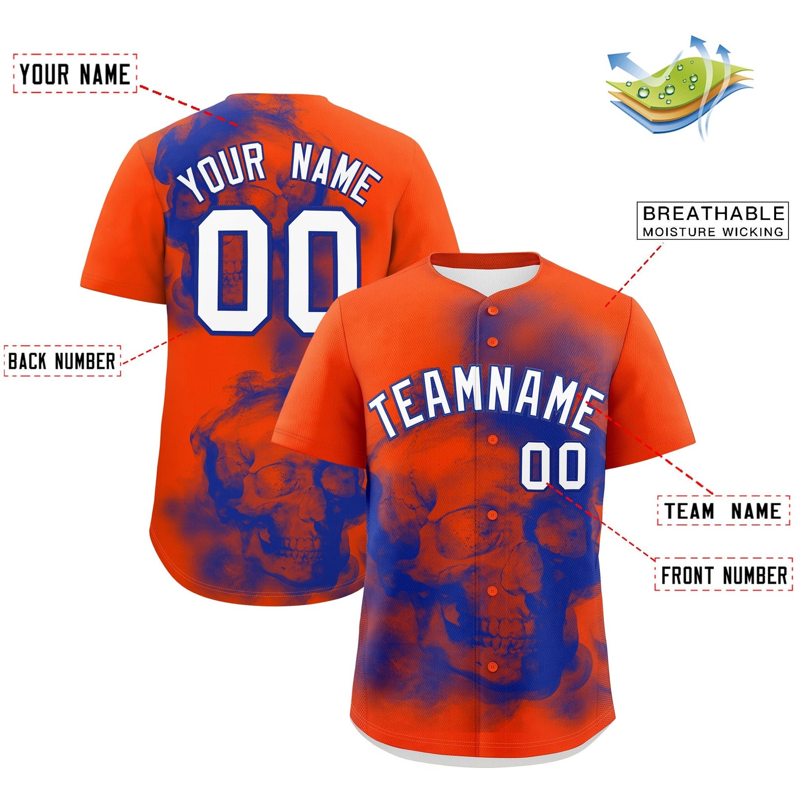 Custom Orange Royal Blue White skeleton Graffiti Pattern Lightweight Baseball Jersey| KXKSHOP