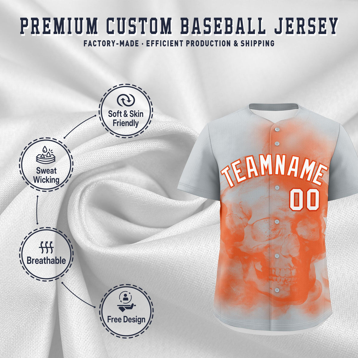 Custom Silver Orange White skeleton Graffiti Pattern Quick Dry Baseball Jersey| KXKSHOP