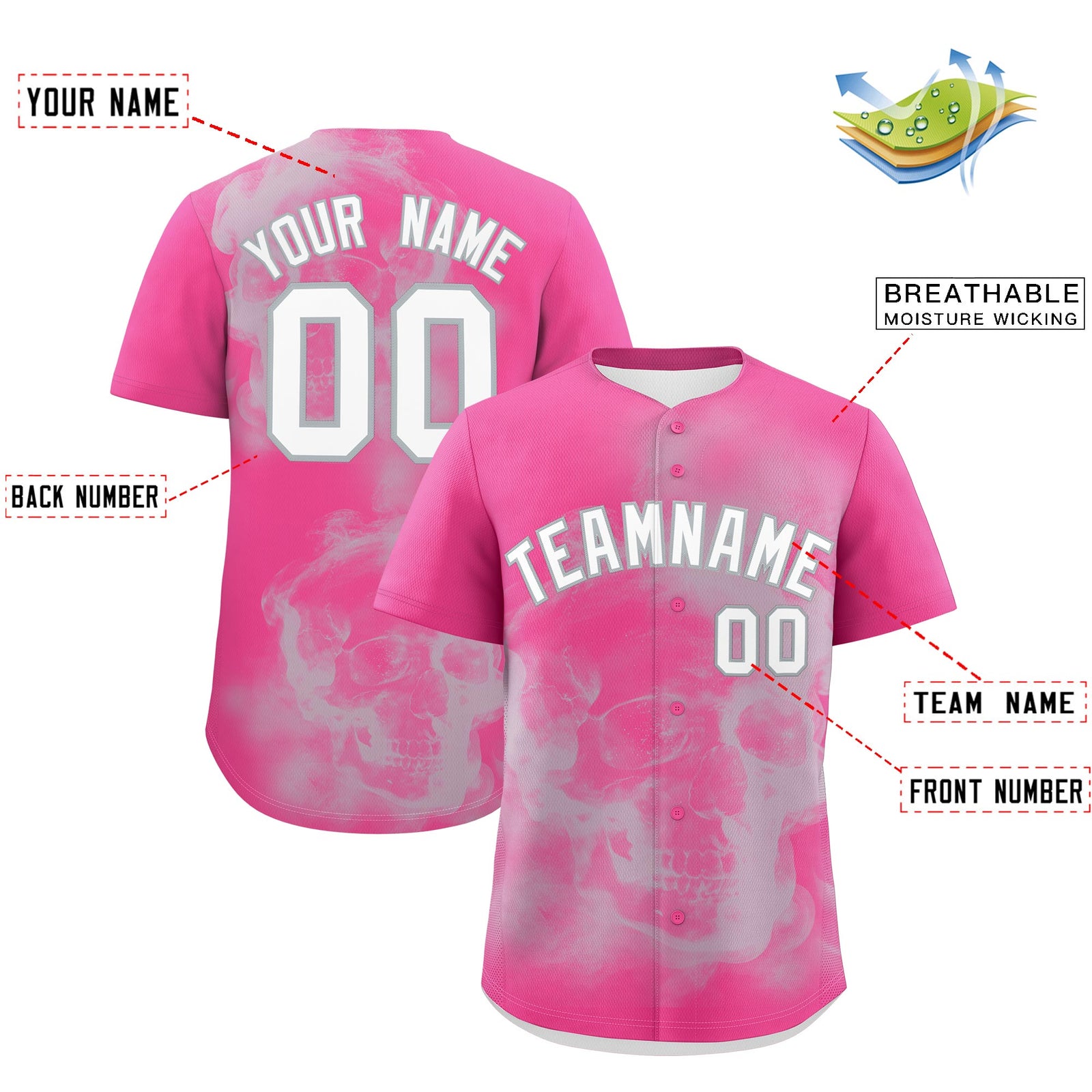 Custom Pink Silver White skeleton Graffiti Pattern Quick Dry Baseball Jersey| KXKSHOP
