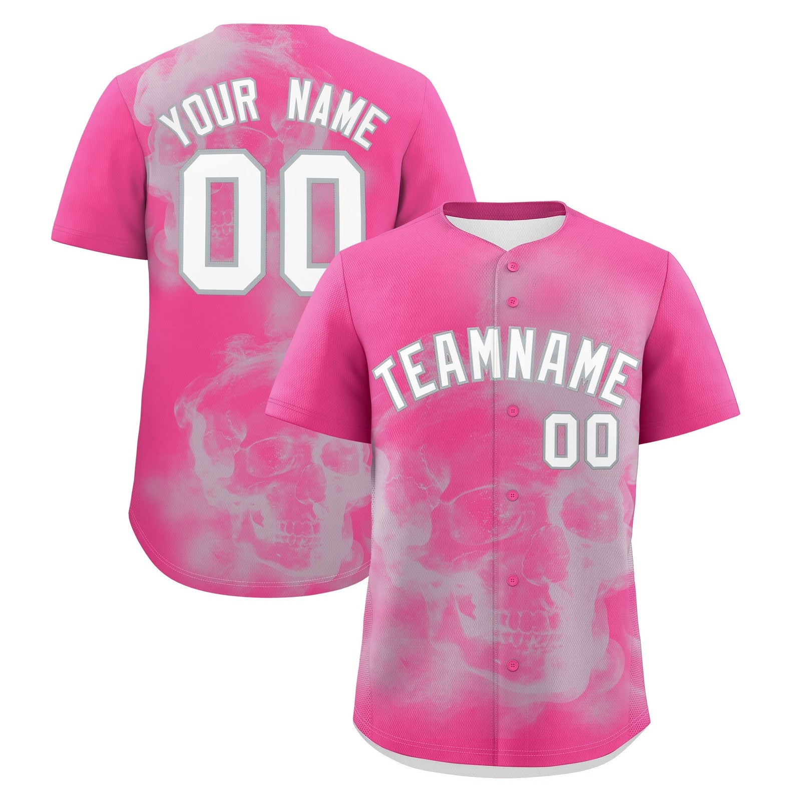 Custom Pink Silver White skeleton Graffiti Pattern Quick Dry Baseball Jersey| KXKSHOP