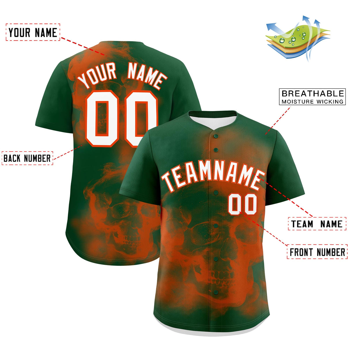 Custom Dark Green Orange White skeleton Graffiti Pattern Quick Dry Baseball Jersey| KXKSHOP